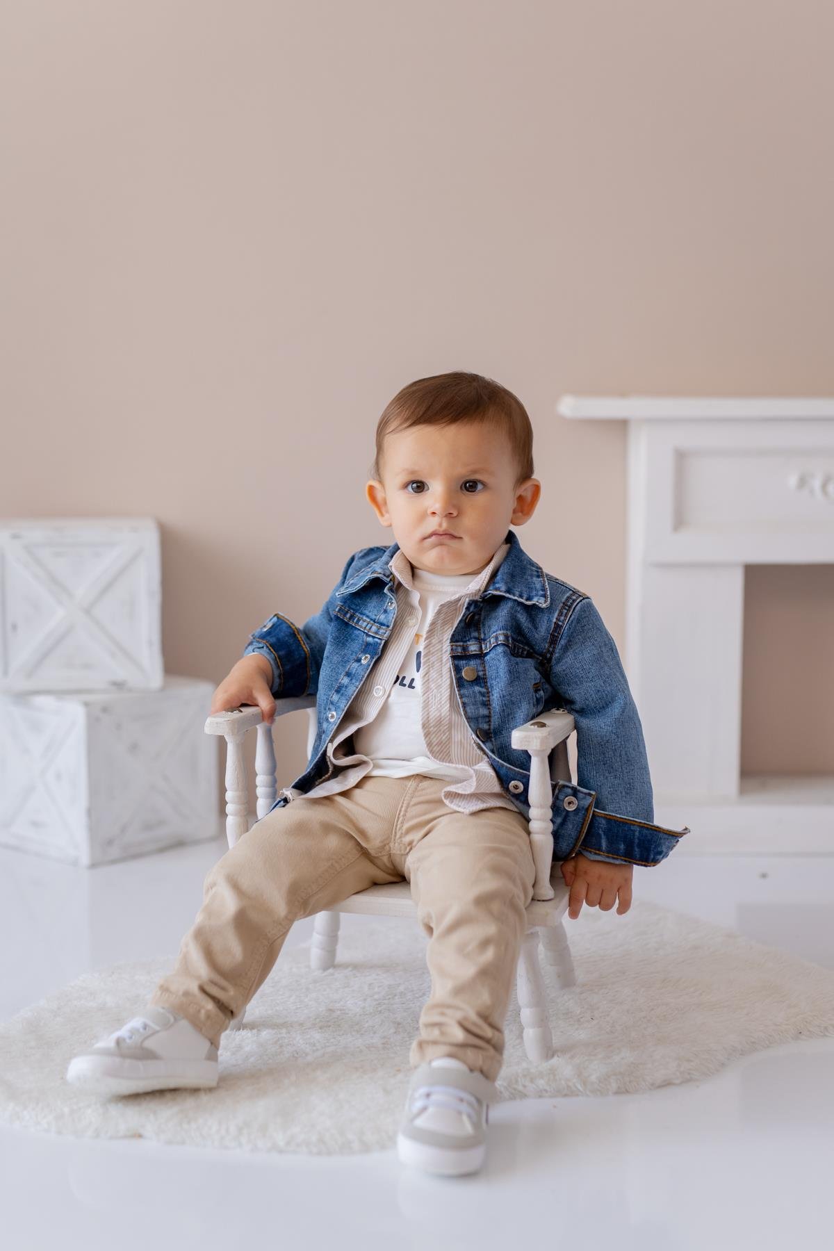 Erkek Bebek Kot Ceketli Dörtlü Takım - Bej