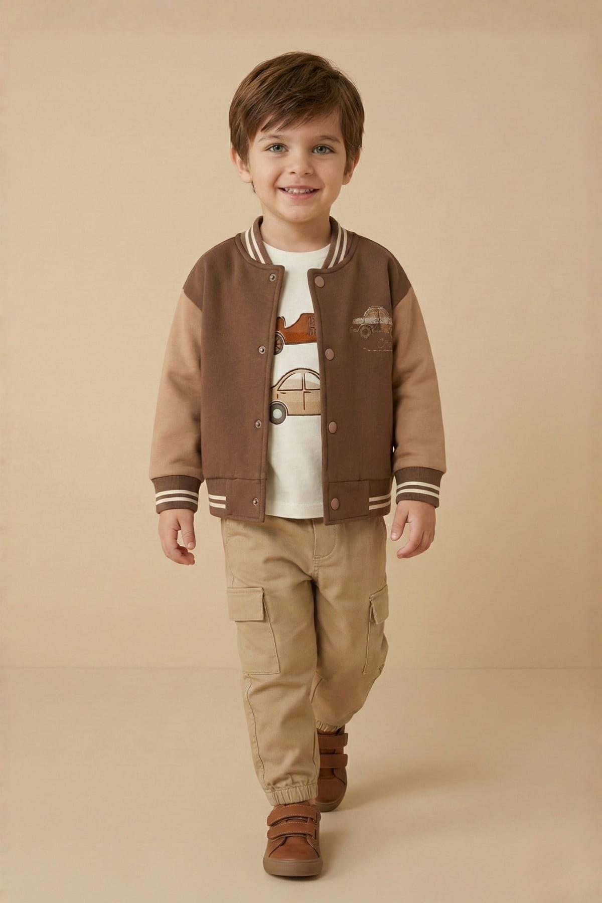Erkek Bebek Nakış Detaylı Bomber Ceket - Kahve