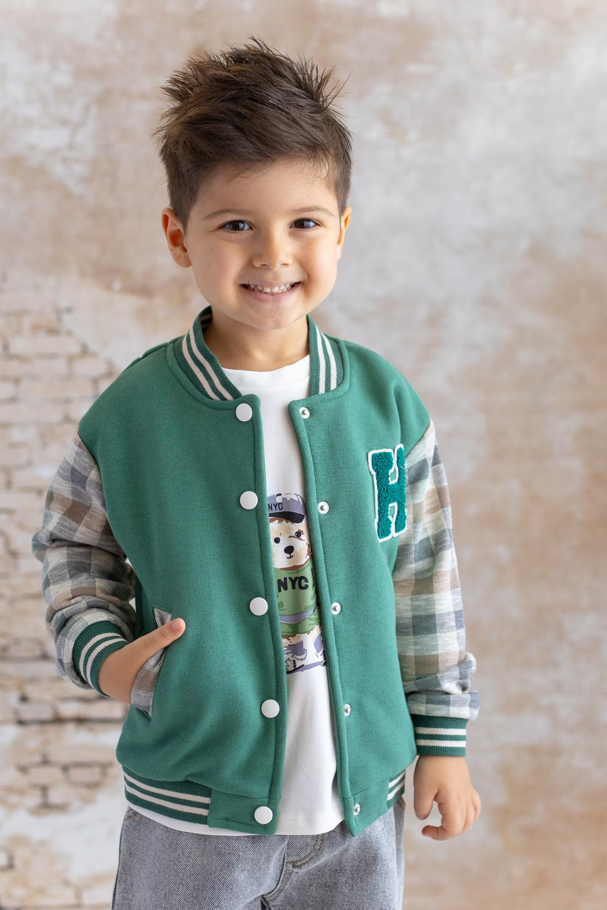 Erkek Bebek Nakış Detaylı Ekose Garnili Bomber Ceket - Yeşil