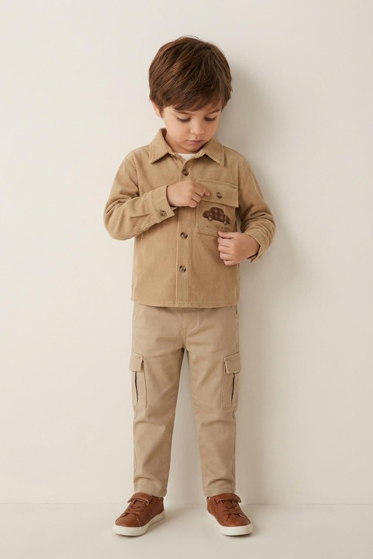 Erkek Bebek Nakışlı Fitilli Kadife Gömlek - Bej