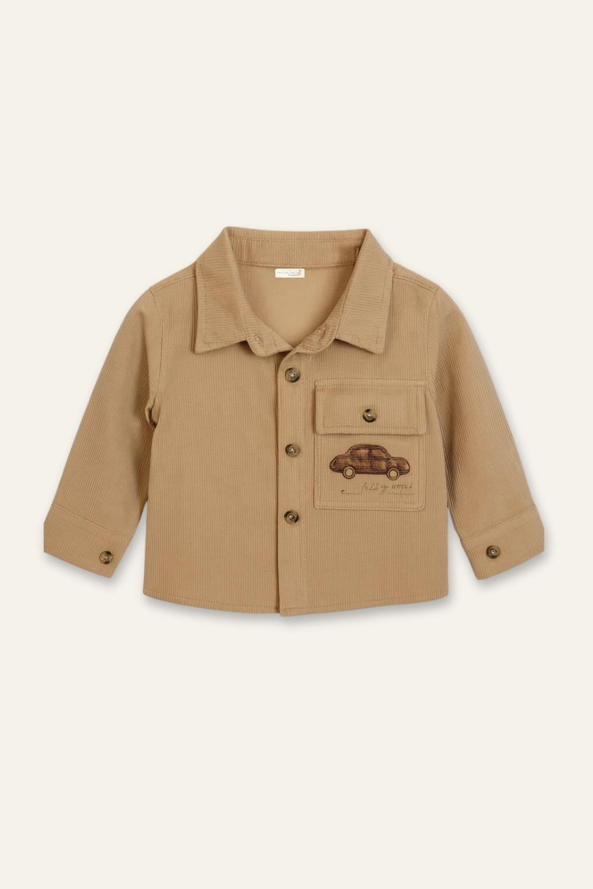 Erkek Bebek Nakışlı Fitilli Kadife Gömlek - Bej