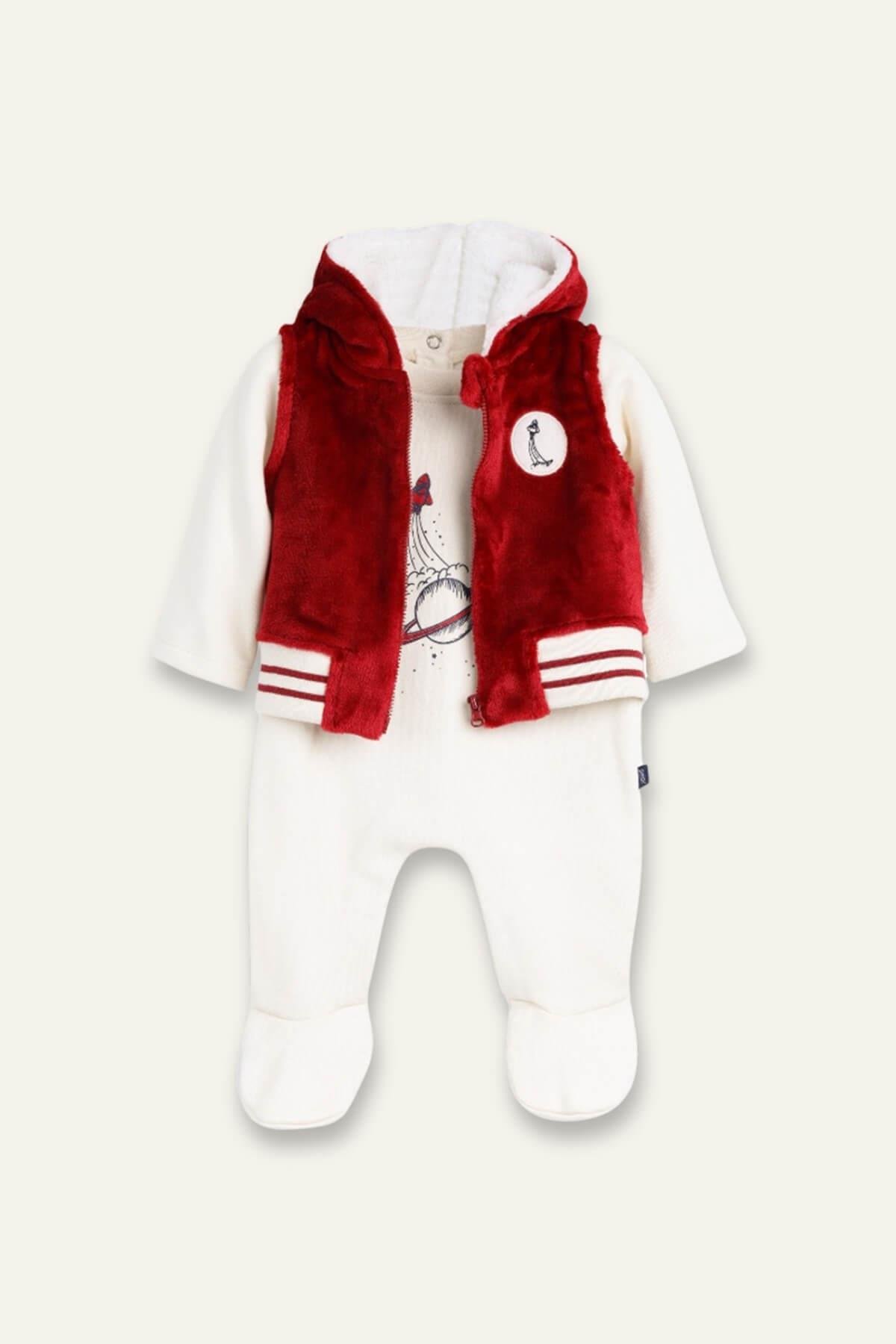 Erkek Bebek Peluş Yelek ve Tulum İkili Takım - Kırmızı