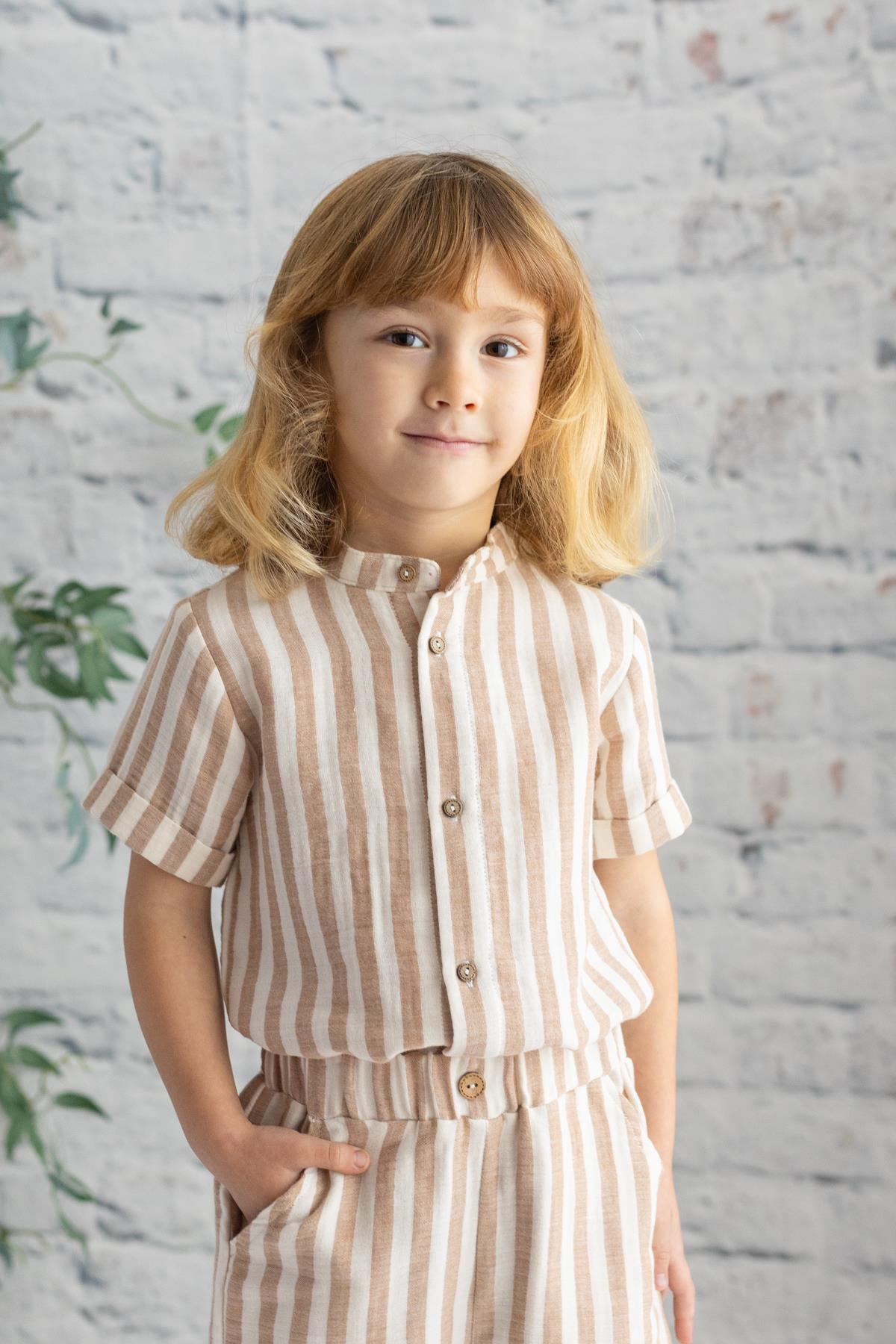 Erkek Çocuk Bej Çizgili Müslin Gömlek