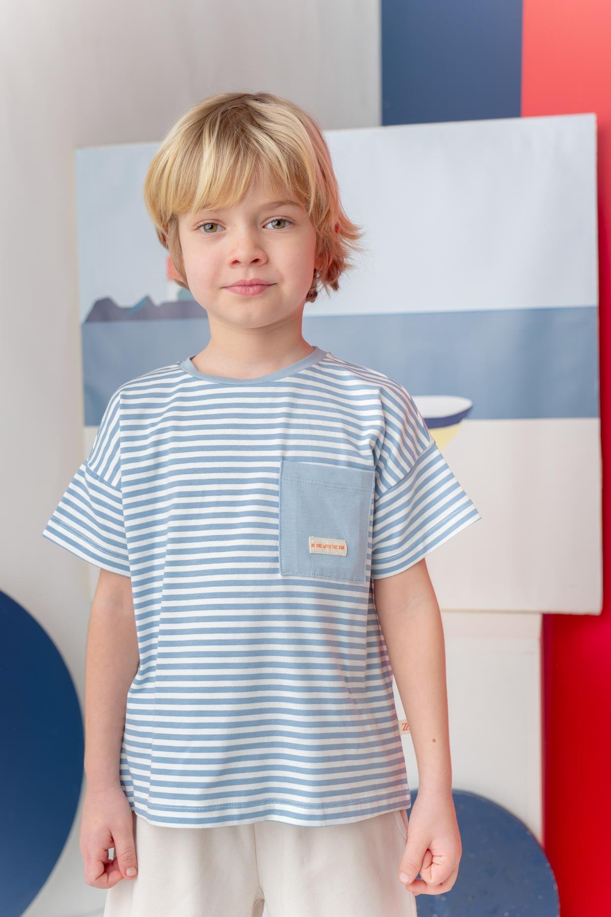 Erkek Çocuk Çizgili Çepli T-Shirt - Mavi Çizgili