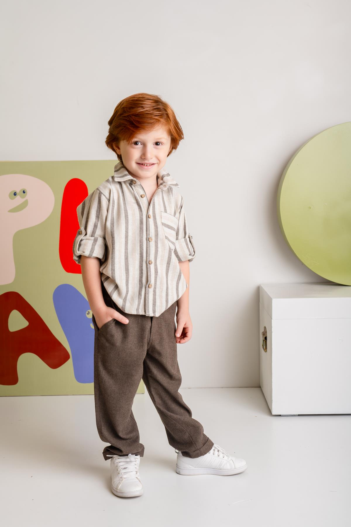 Erkek Çocuk Çizgili İnce Kaşe Gömlek - Kahverengi