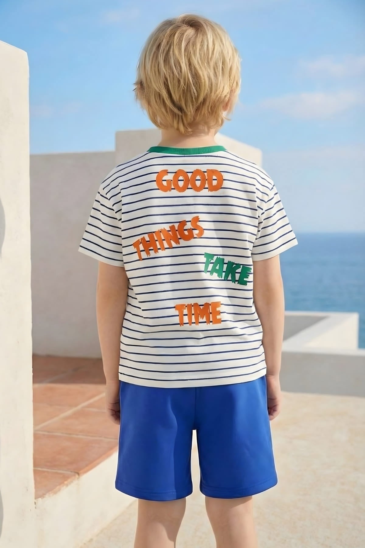 Erkek Çocuk Çizgili T-shirt ve Şort Takım  - Sax