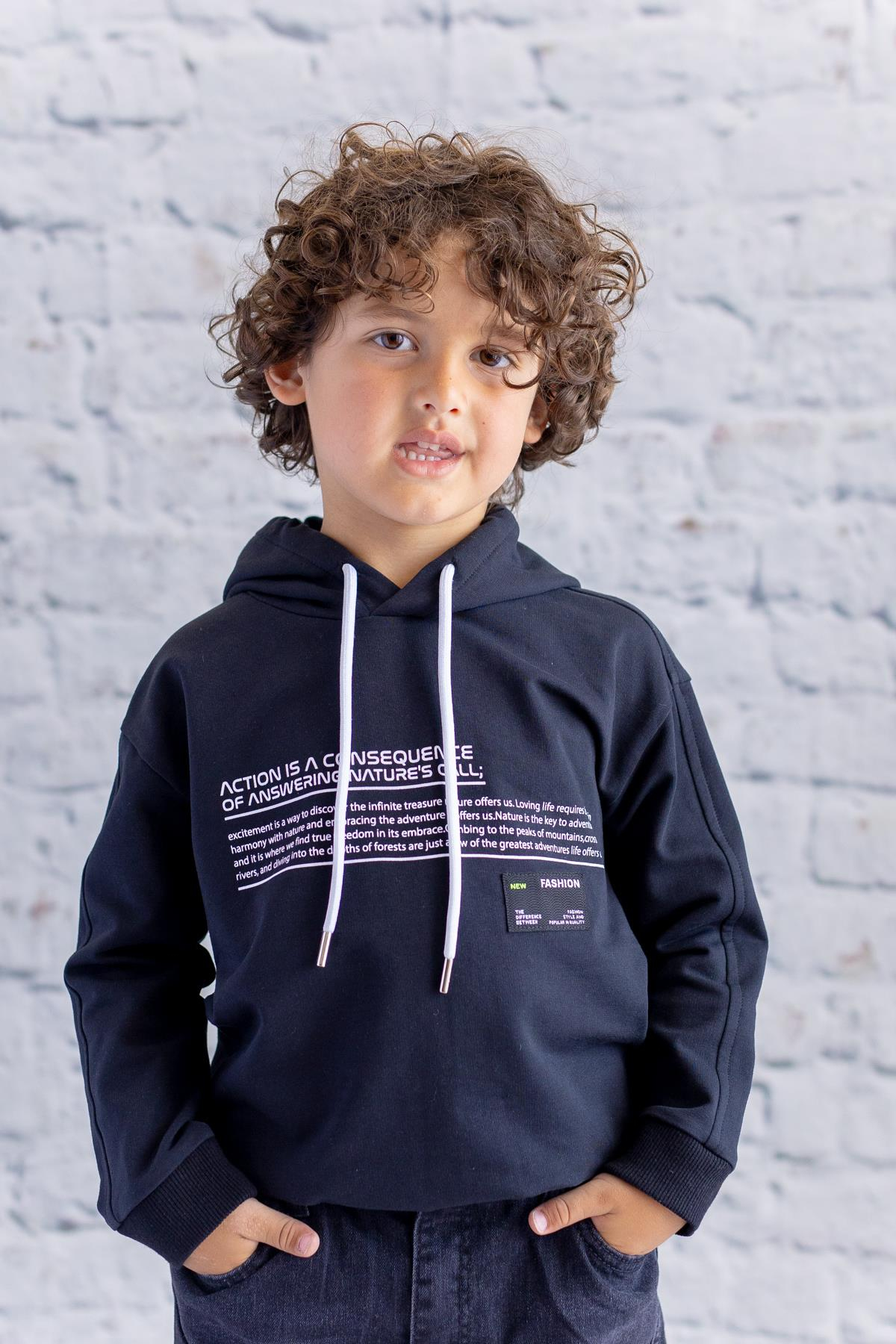 Erkek Çocuk Kapüşonlu Baskılı Sweatshirt - Siyah