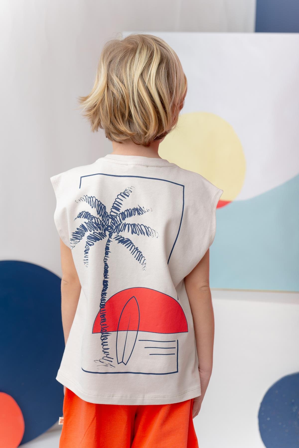 Erkek Çoçuk Sörf Baskılı Atlet Dizaltı Şort Takım - Taş Rengi
