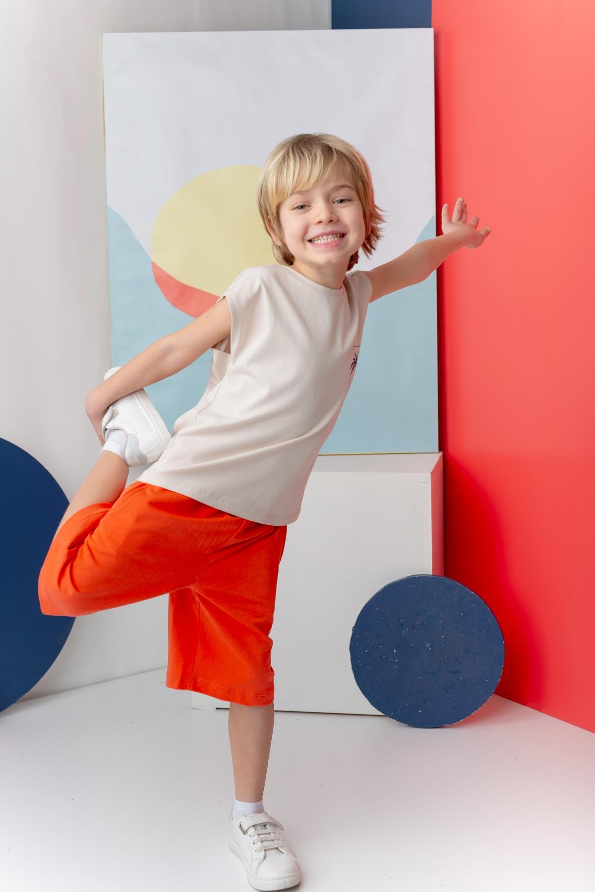 Erkek Çoçuk Sörf Baskılı Atlet Dizaltı Şort Takım - Taş Rengi