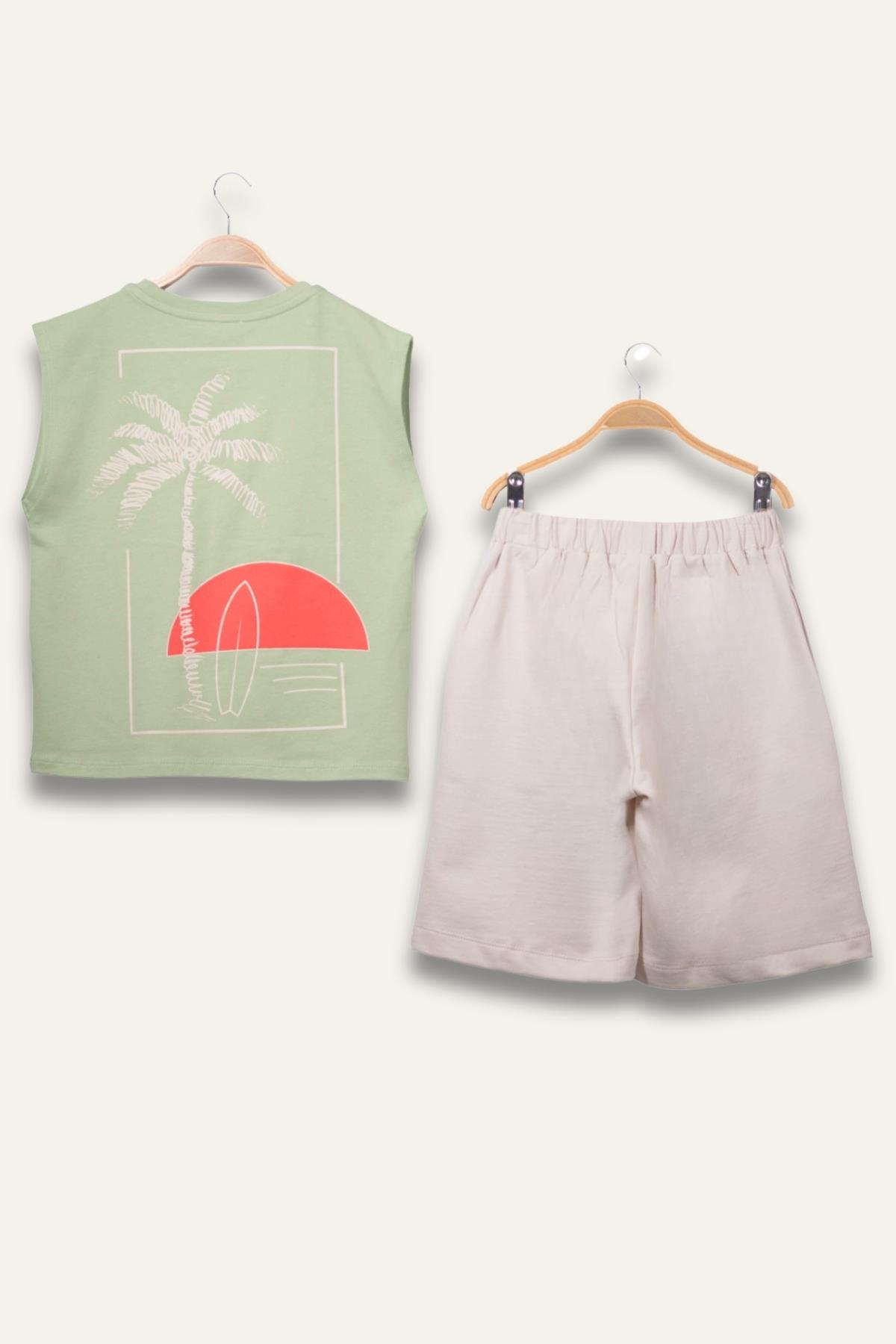 Erkek Çoçuk Sörf Baskılı Atlet Dizaltı Şort Takım - Yeşil