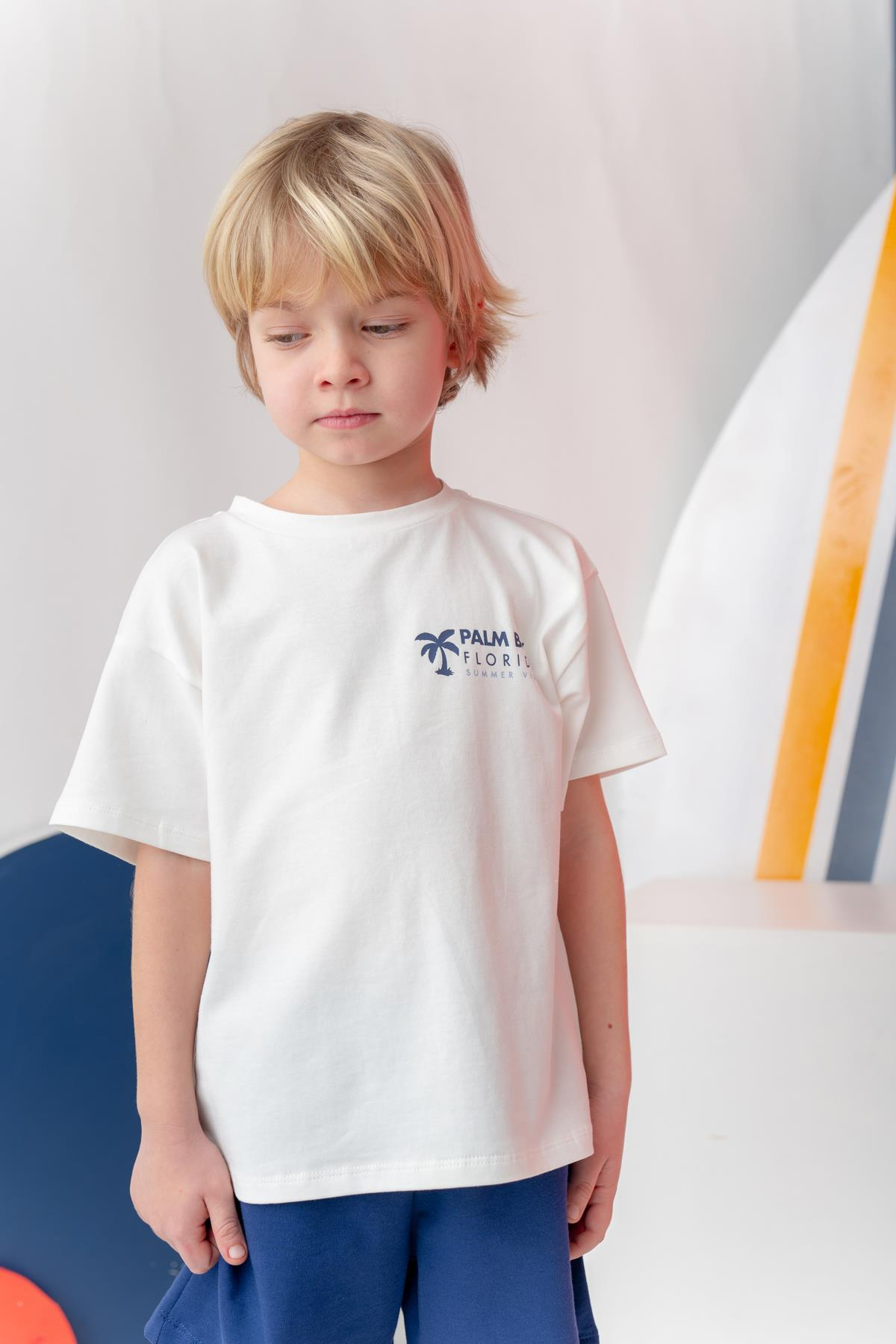 Erkek Çoçuk Sörf Baskılı T-Shirt Kısa Şort Takım - Ekru