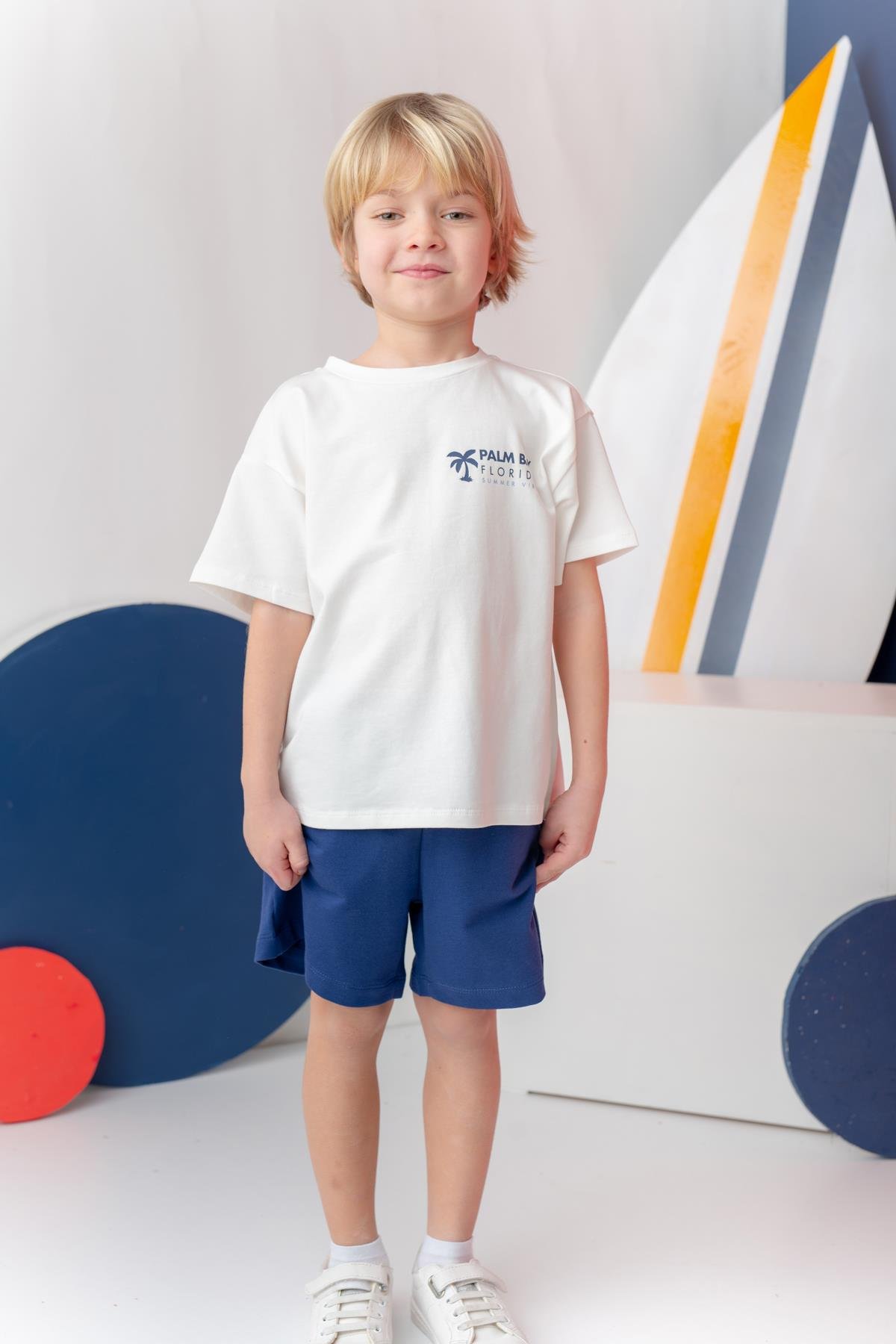 Erkek Çoçuk Sörf Baskılı T-Shirt Kısa Şort Takım - Ekru