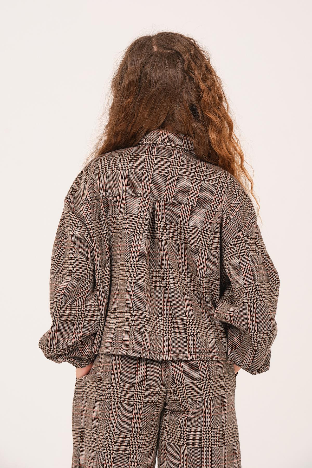 Genç Kız Çocuk Ekose Desenli Ceket - Kahve