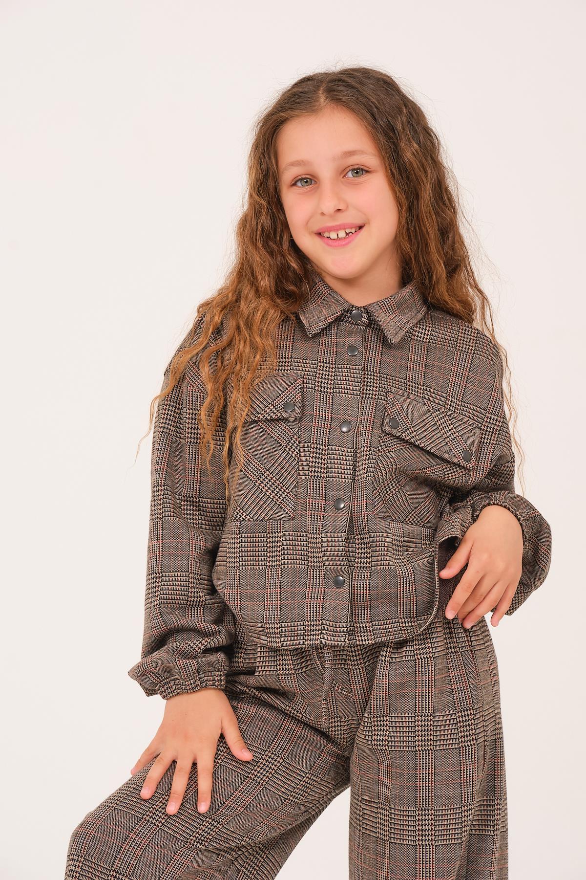 Genç Kız Çocuk Ekose Desenli Ceket - Kahve