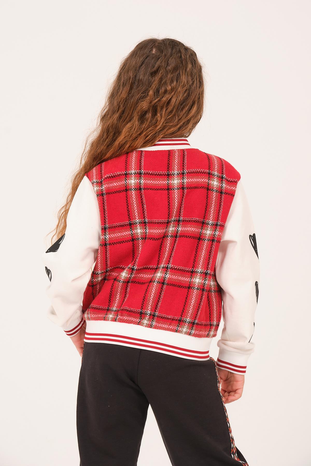 Genç Kız Çocuk Ekose Desenli Kolej Ceket - Kırmızı