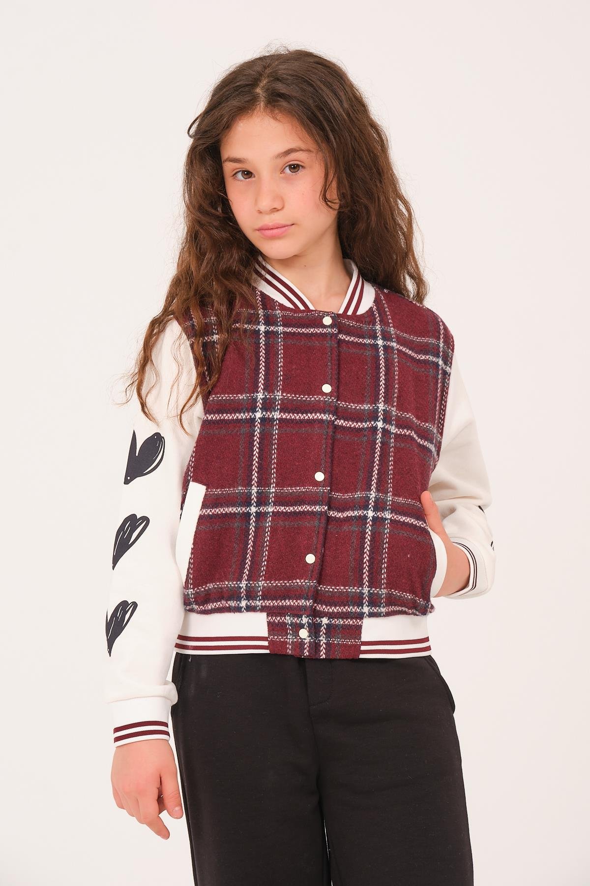 Genç Kız Çocuk Ekose Desenli Kolej Ceket - Bordo