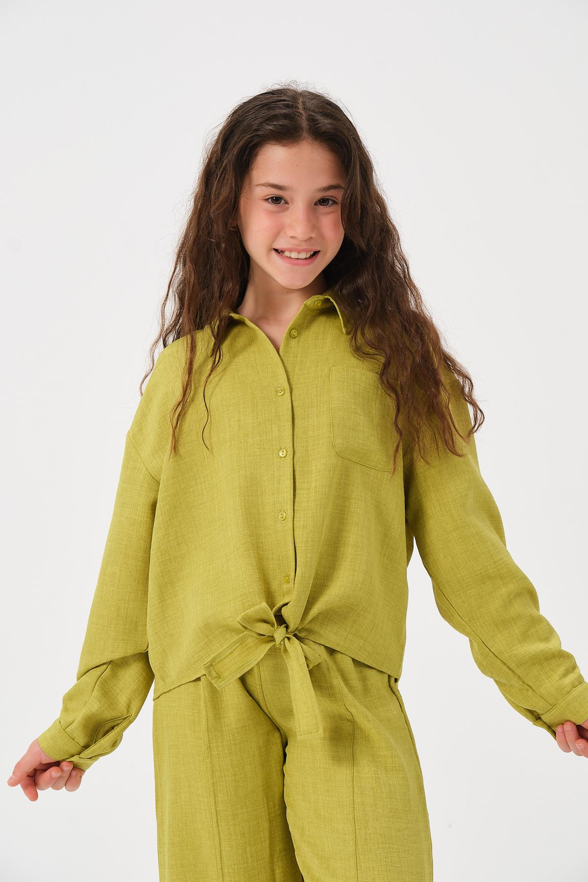 Genç Kız Çocuk Ön Bağlamalı Uzun Kollu Gömlek