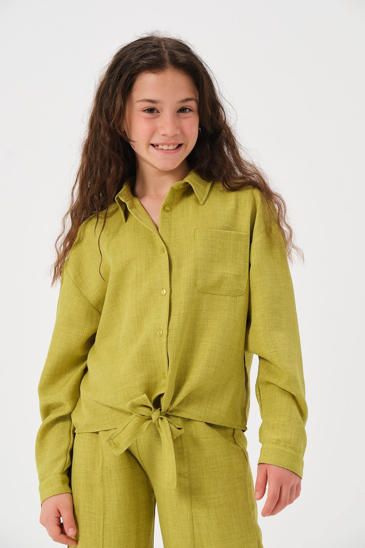 Genç Kız Çocuk Ön Bağlamalı Uzun Kollu Gömlek