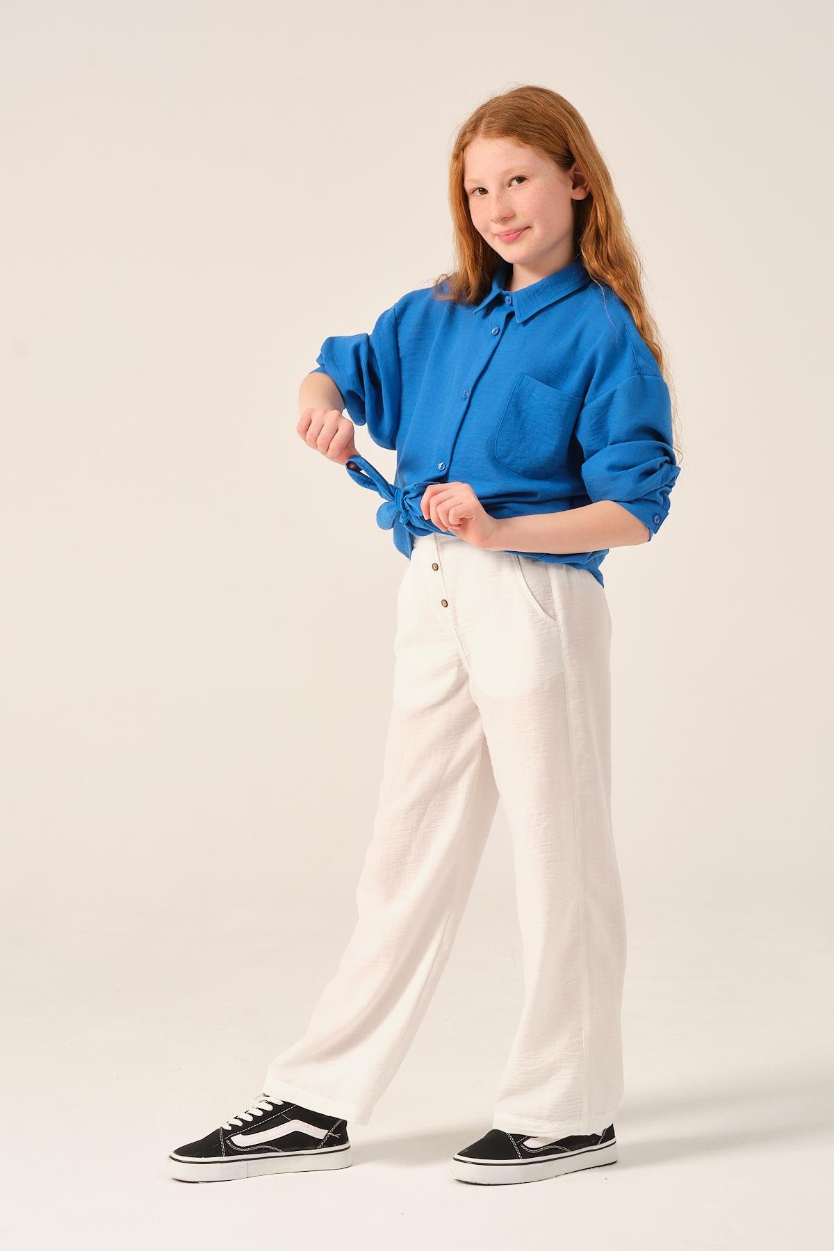 Genç Kız Çocuk Ön Bağlamalı Uzun Kollu Gömlek