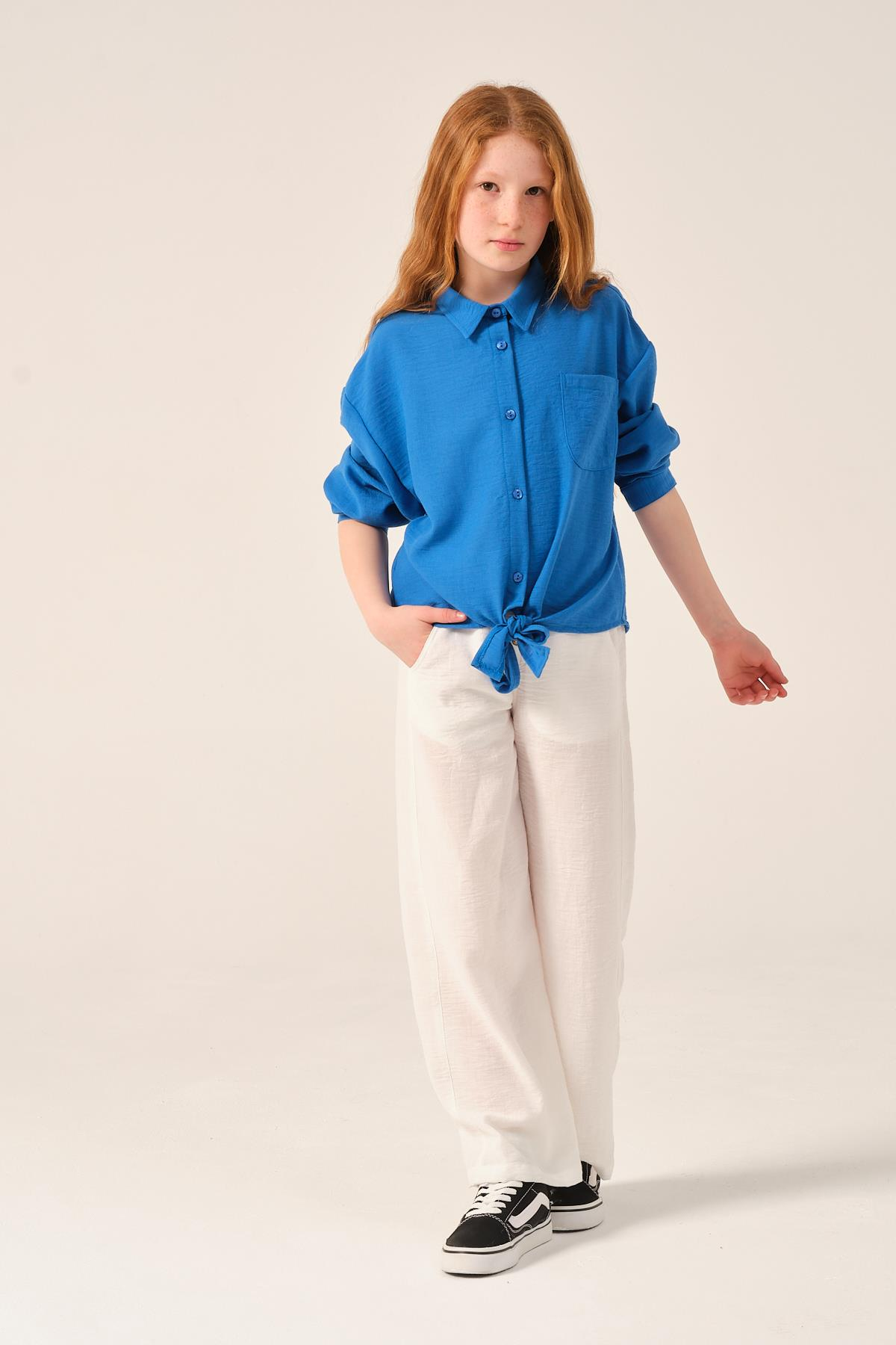 Genç Kız Çocuk Ön Bağlamalı Uzun Kollu Gömlek