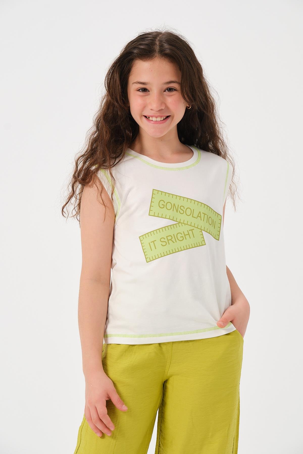 Genç Kız Çocuk Yazı Baskılı Kolsuz T-shirt