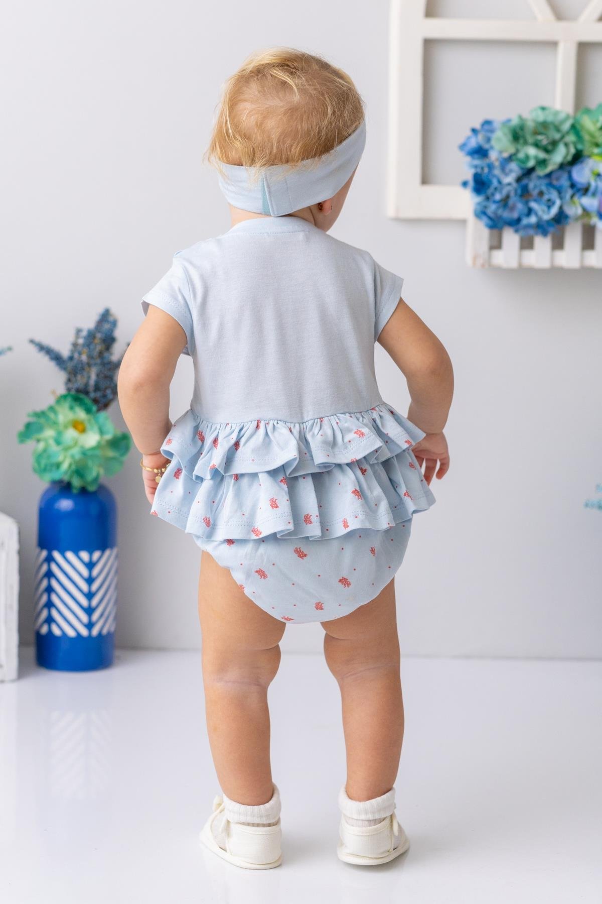 Kız Bebek Bandanalı Fırfırlı Çıtçıtlı Body - Açık Mavi