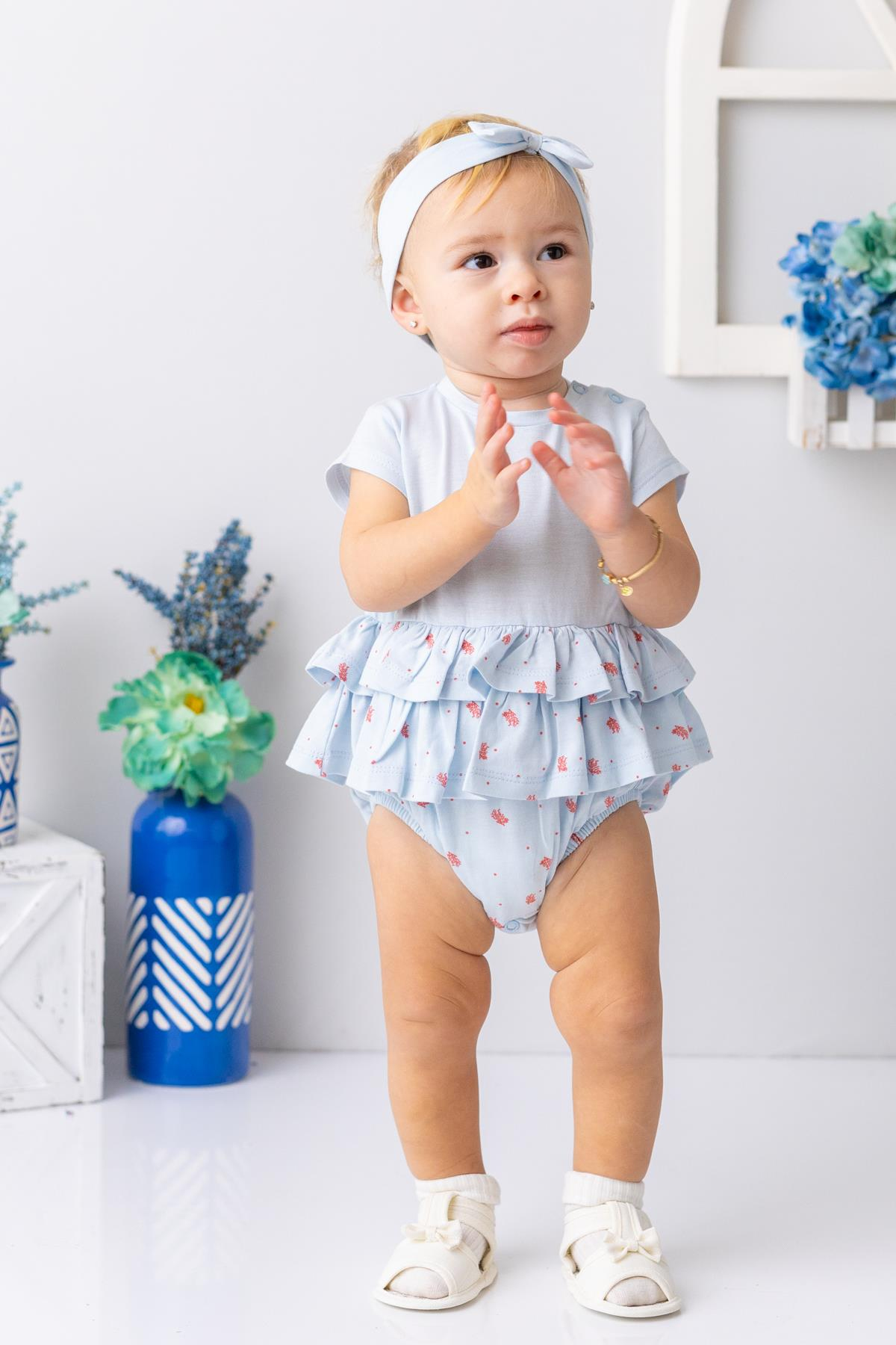Kız Bebek Bandanalı Fırfırlı Çıtçıtlı Body - Açık Mavi