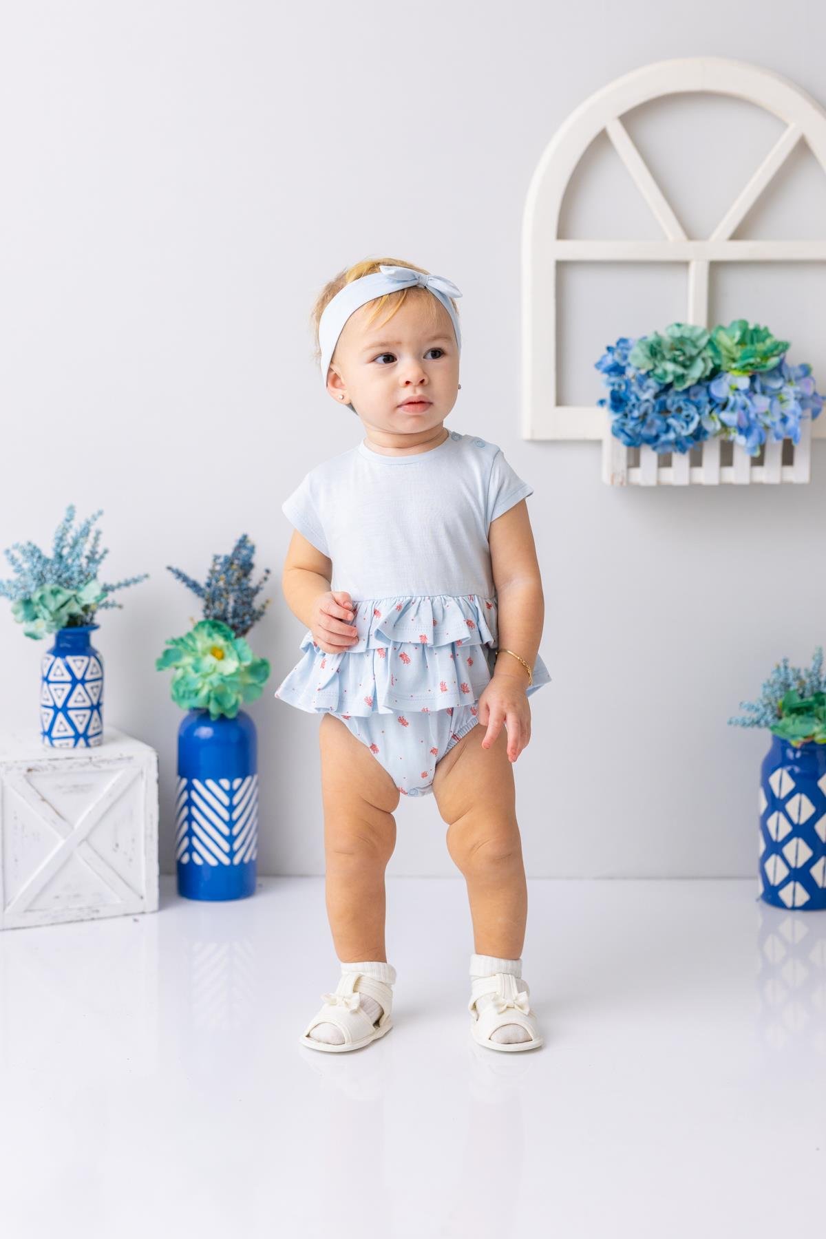 Kız Bebek Bandanalı Fırfırlı Çıtçıtlı Body - Açık Mavi