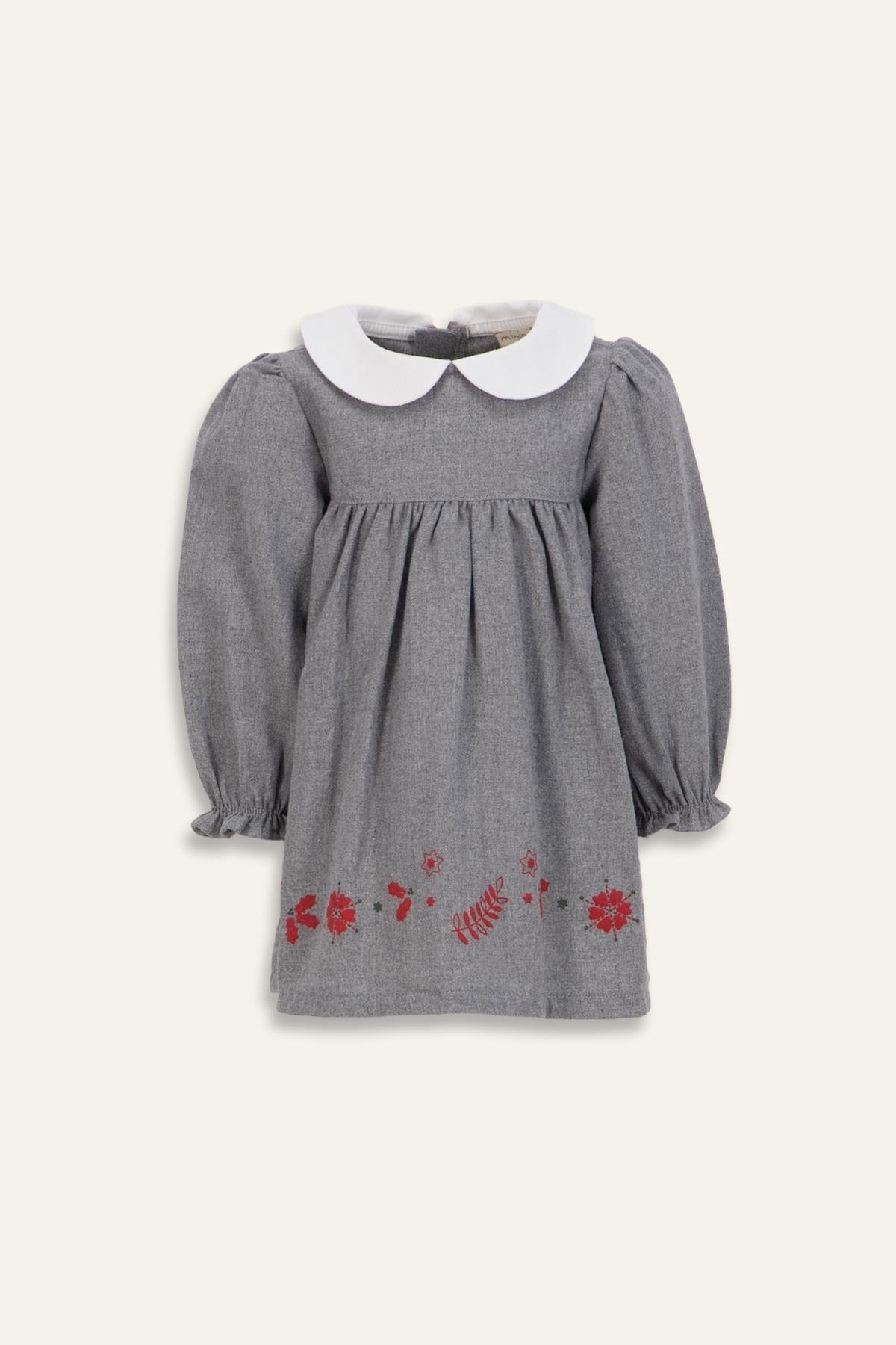Kız Bebek Bebe Yaka Nakışlı Dokuma Elbise - Gri