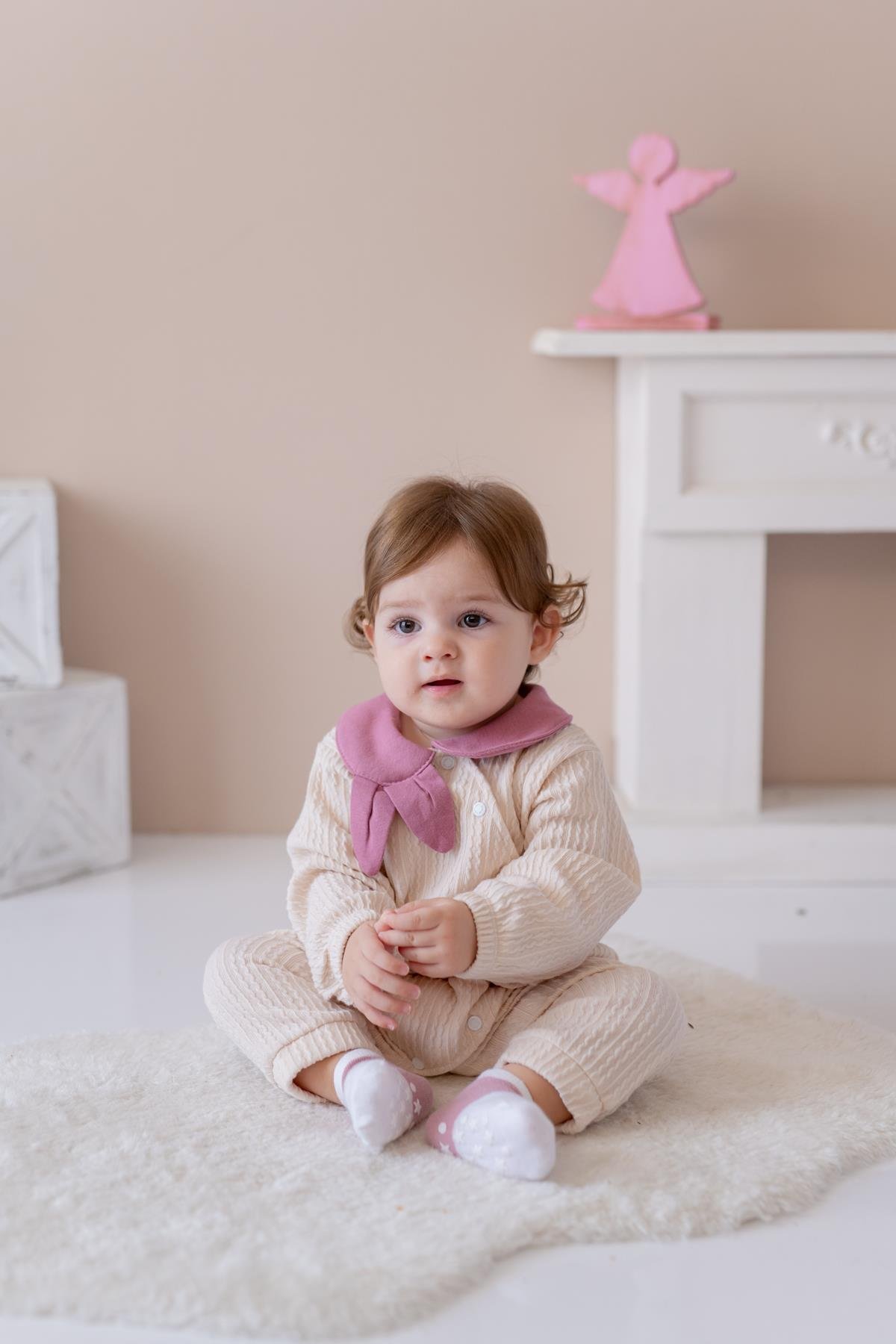 Kız Bebek Bebe Yaka Örme Tulum - Pembe