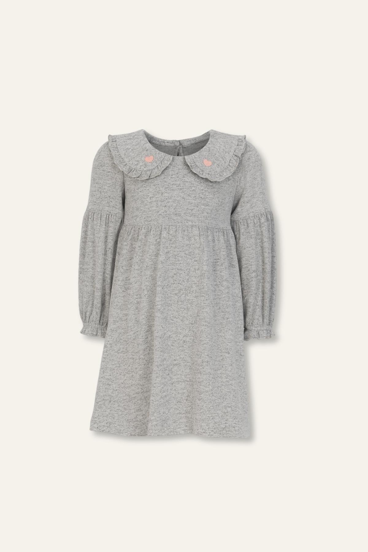 Kız Bebek Bebe Yaka Uzun Kollu Elbise - Gri