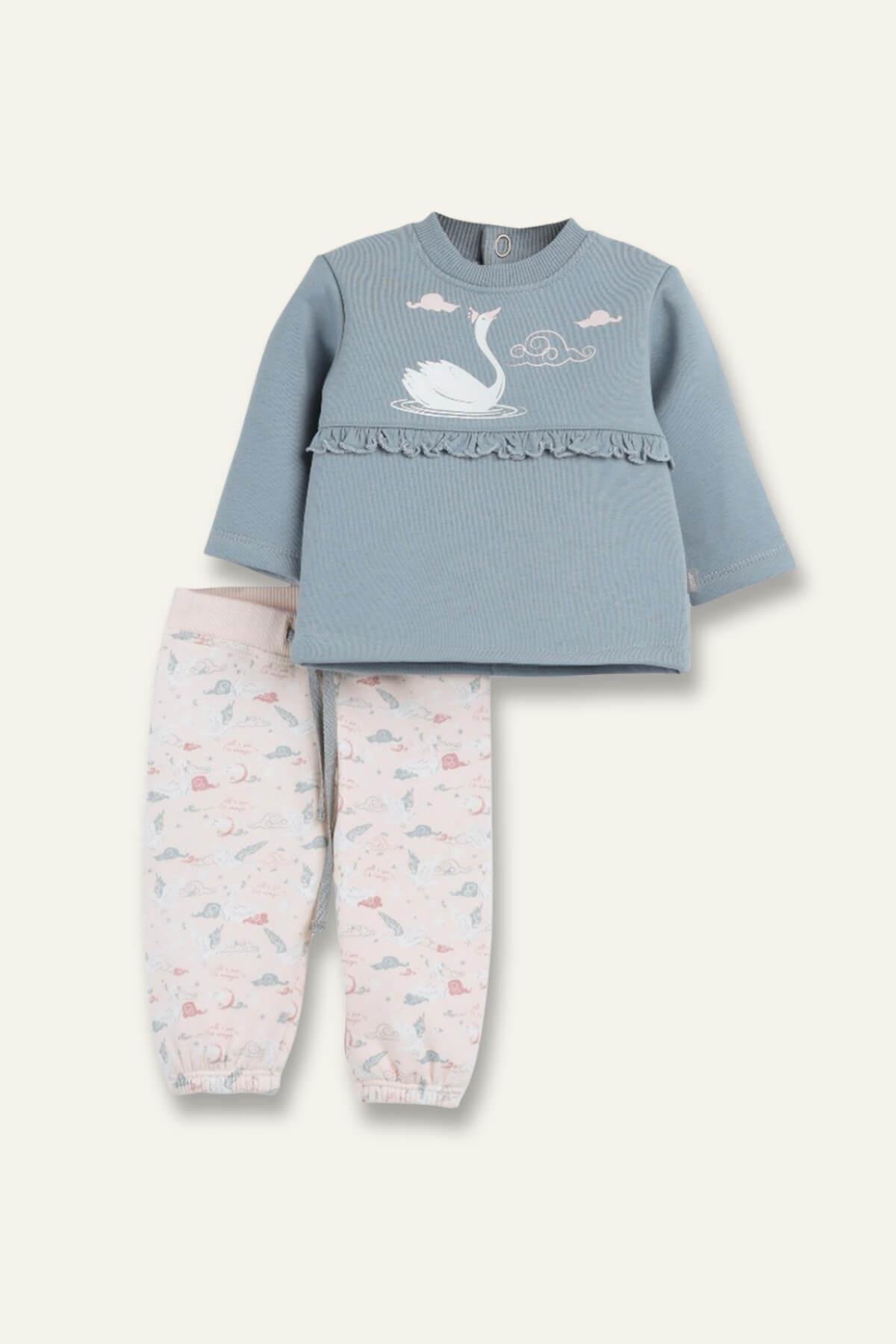 Kız Bebek Fırfır Detaylı Swaetshirt ve Eşofman Altı İkili Takım - Pembe