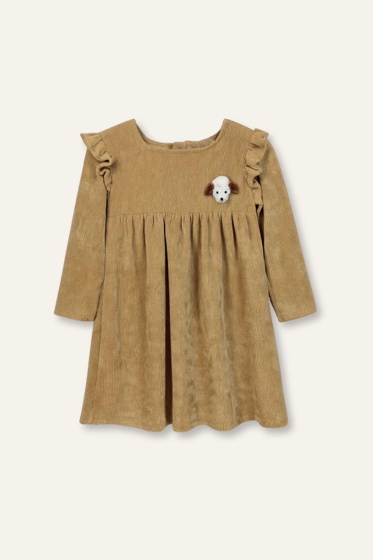 Kız Bebek Köpek Aksesuarlı Elbise - Bej