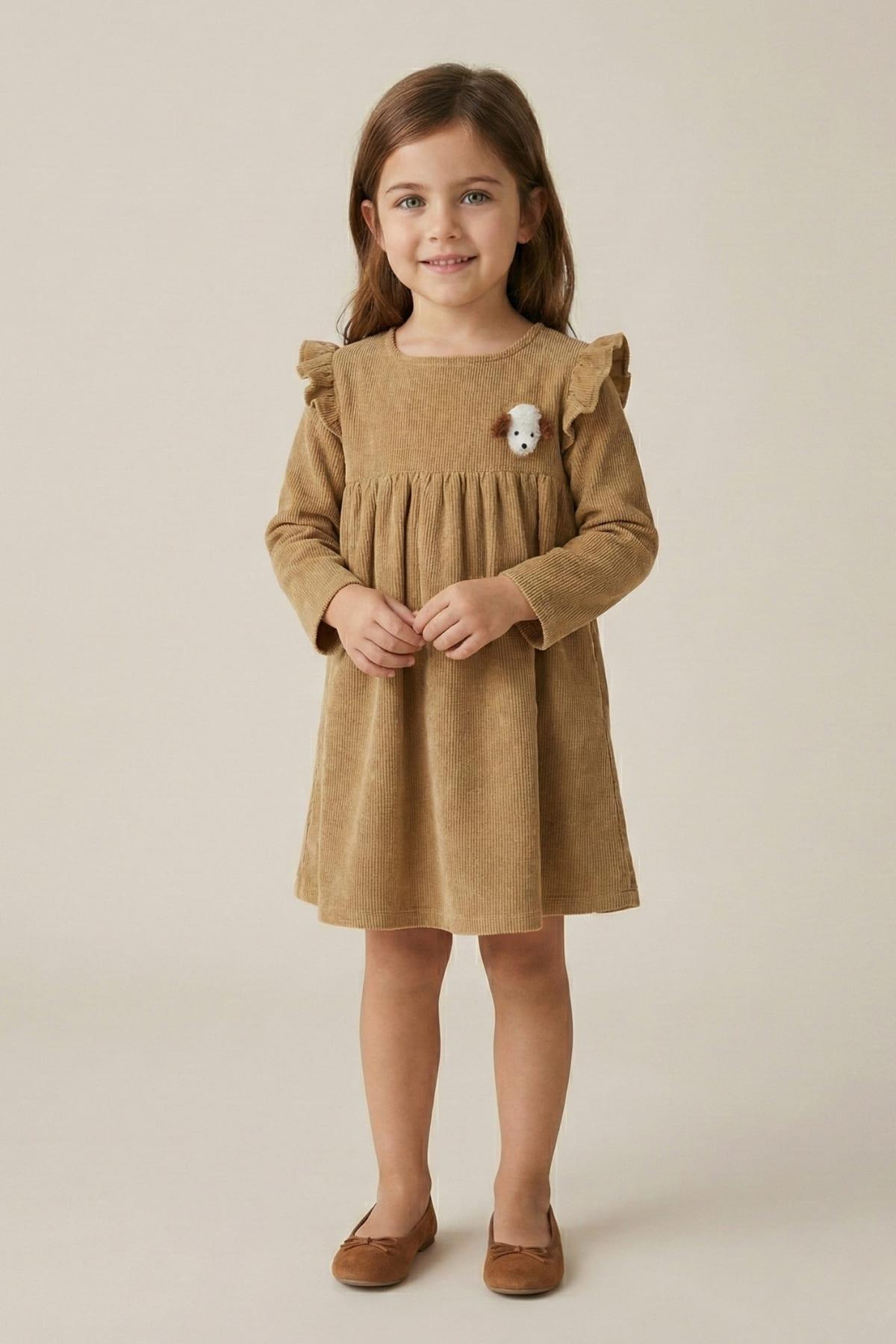 Kız Bebek Köpek Aksesuarlı Elbise - Bej