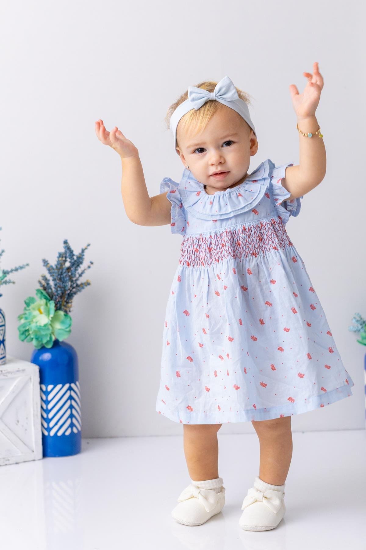 Kız Bebek Mercan Desenli Yakası Fırfırlı Gipeli Elbise - Desenli