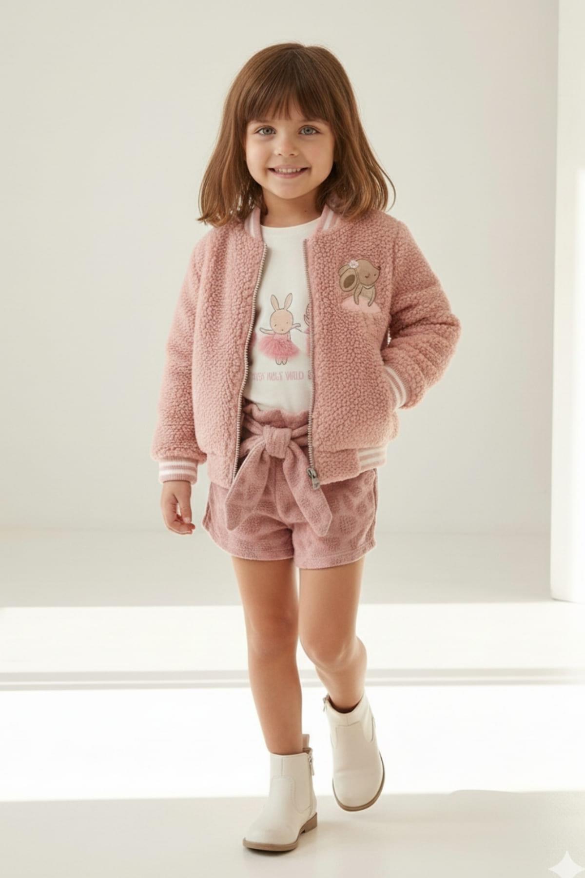 Kız Bebek Tavşan Nakışlı Peluş Mont - Pembe