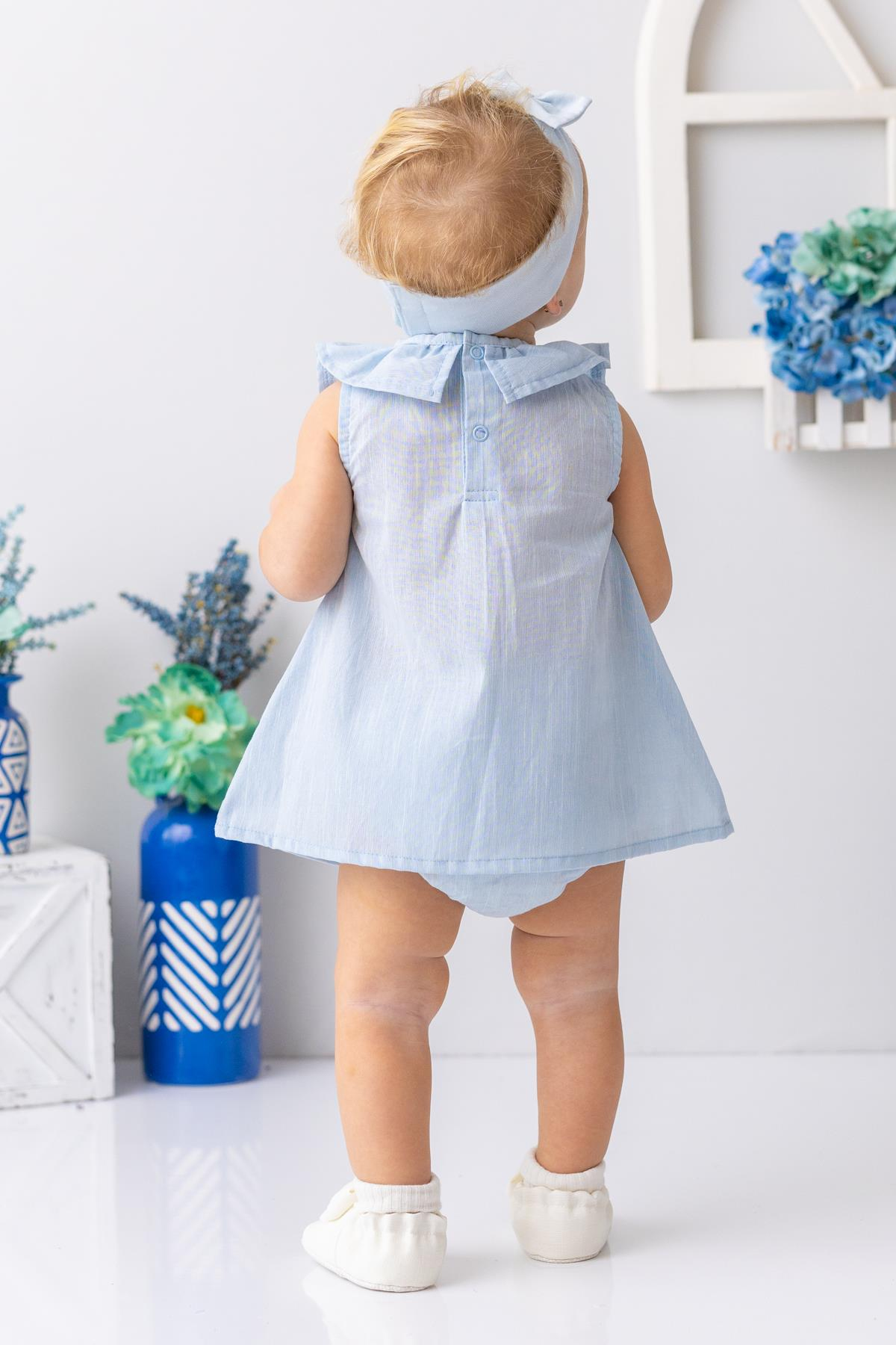 Kız Bebek Yakası Fırfırlı Badili Elbise - Açık Mavi