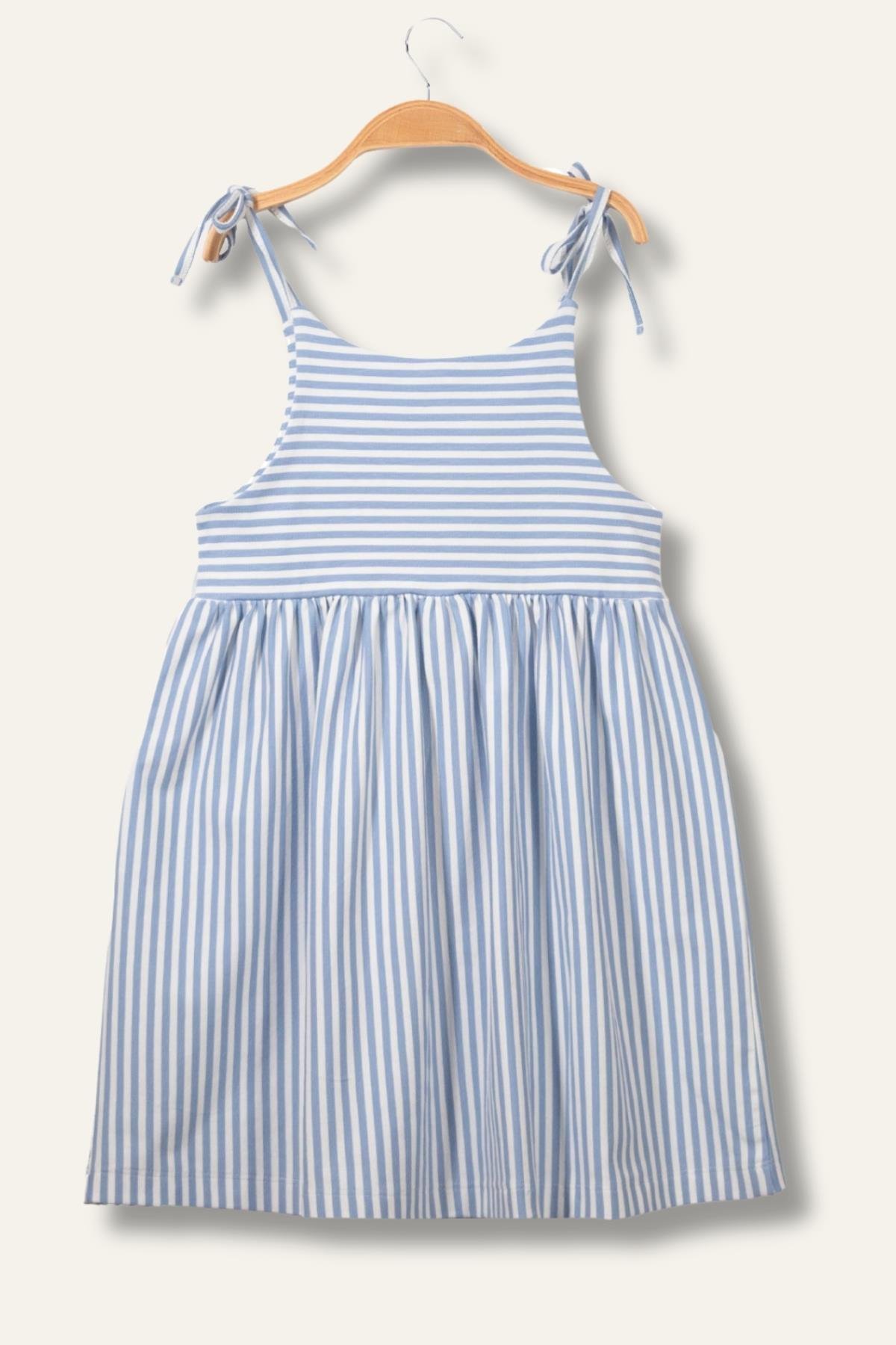 Kız Çocuk Askılı Çizgili Penye Elbise - Mavi Çizgili