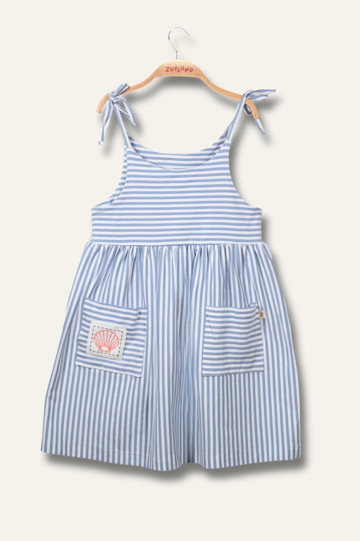 Kız Çocuk Askılı Çizgili Penye Elbise - Mavi Çizgili
