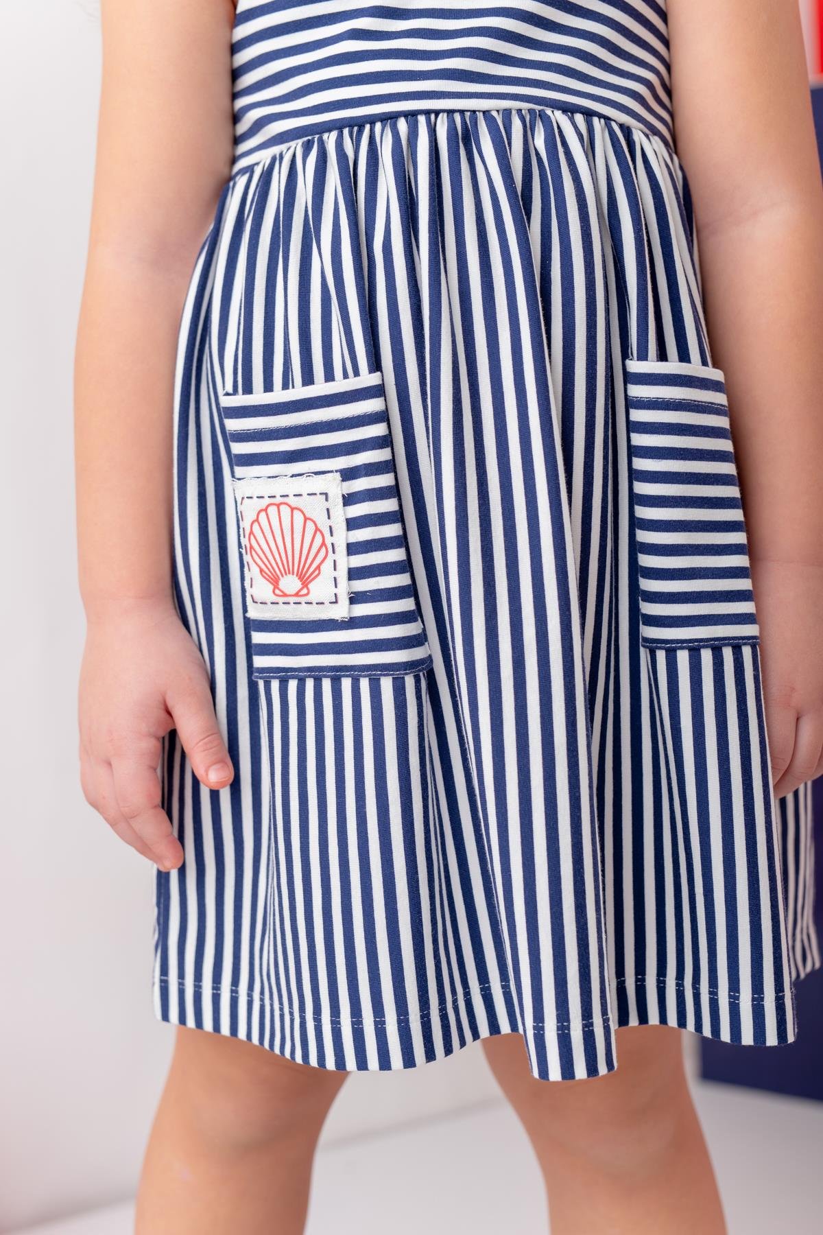 Kız Çocuk Askılı Çizgili Penye Elbise - Lacivert Çizgili