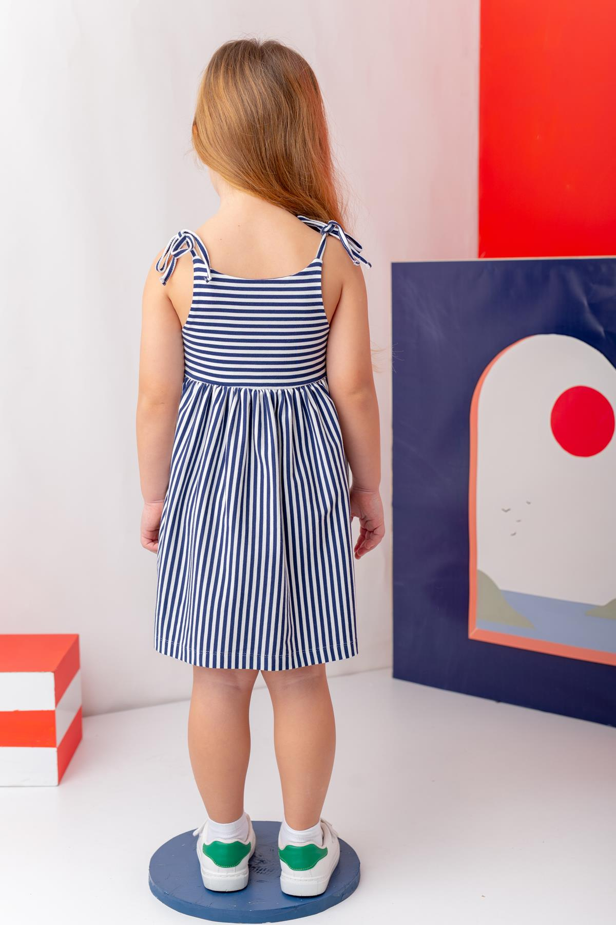 Kız Çocuk Askılı Çizgili Penye Elbise - Lacivert Çizgili