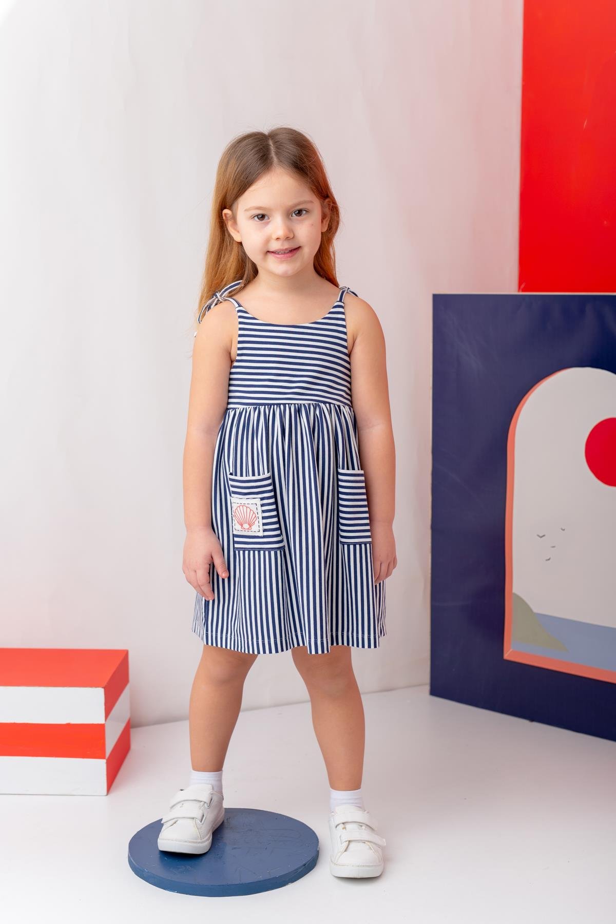 Kız Çocuk Askılı Çizgili Penye Elbise - Lacivert Çizgili
