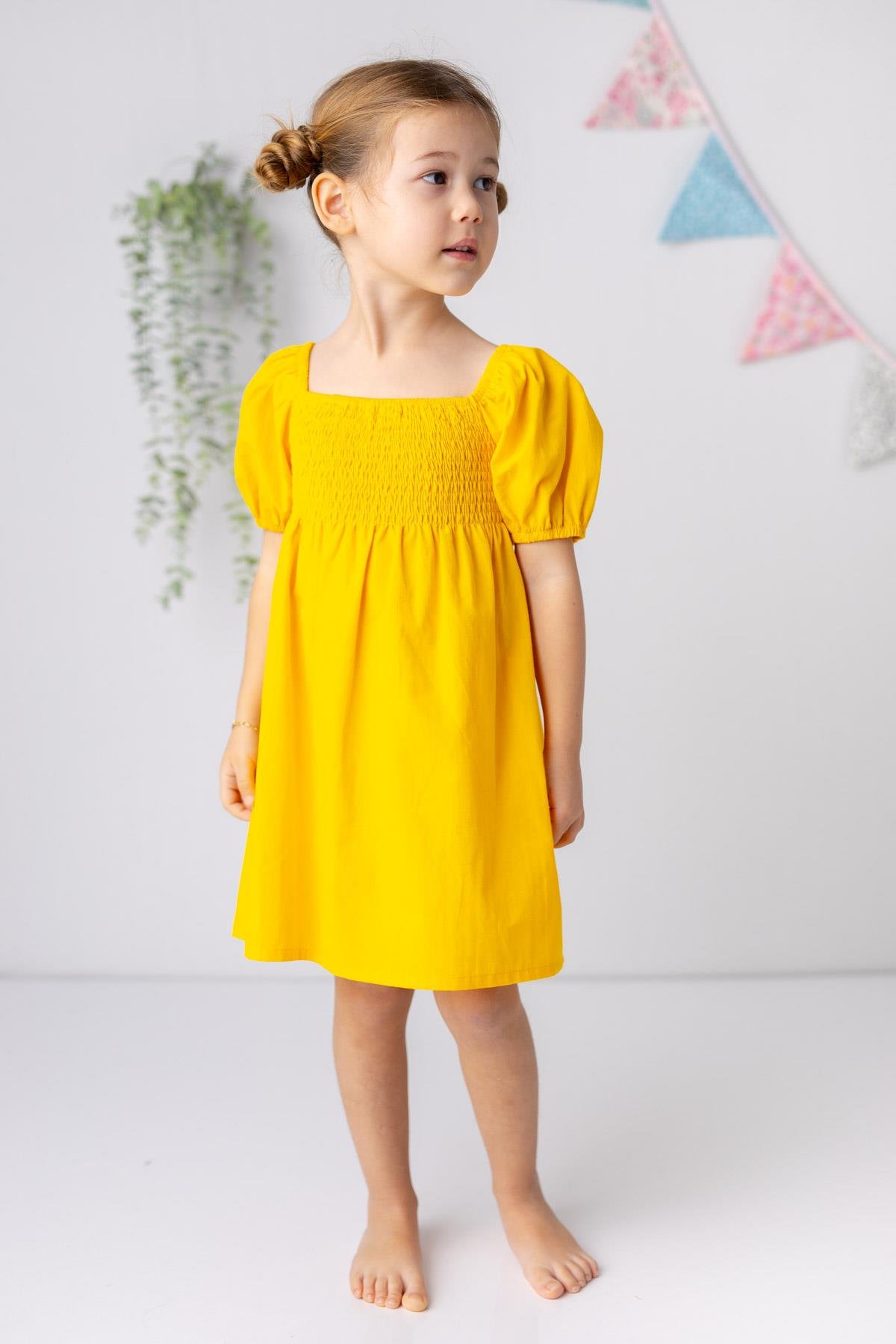 Kız Çocuk Balon Kollu Gipeli Dokuma Elbise