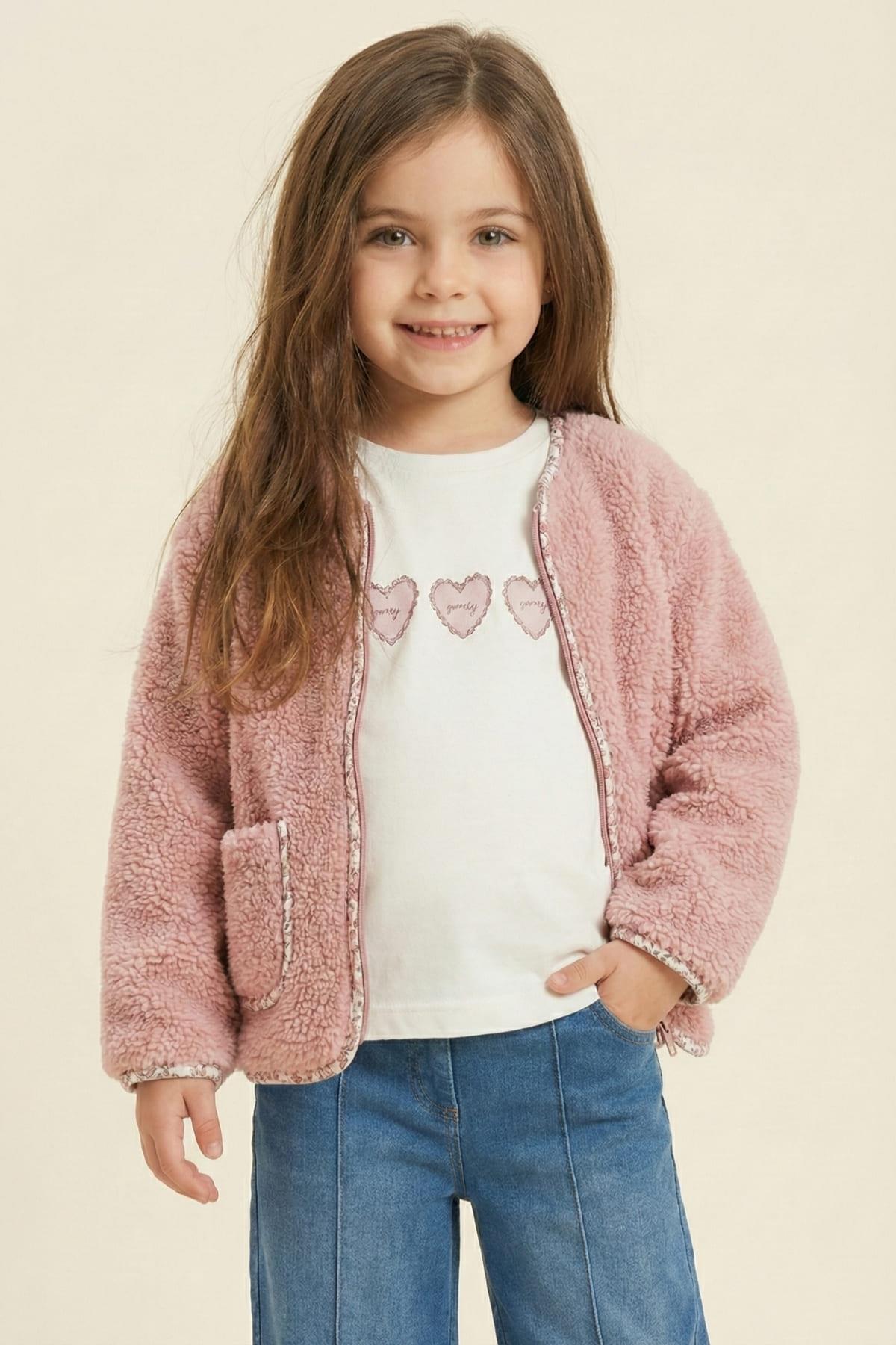 Kız Çocuk Ceketli 3lü Takım - Pudra