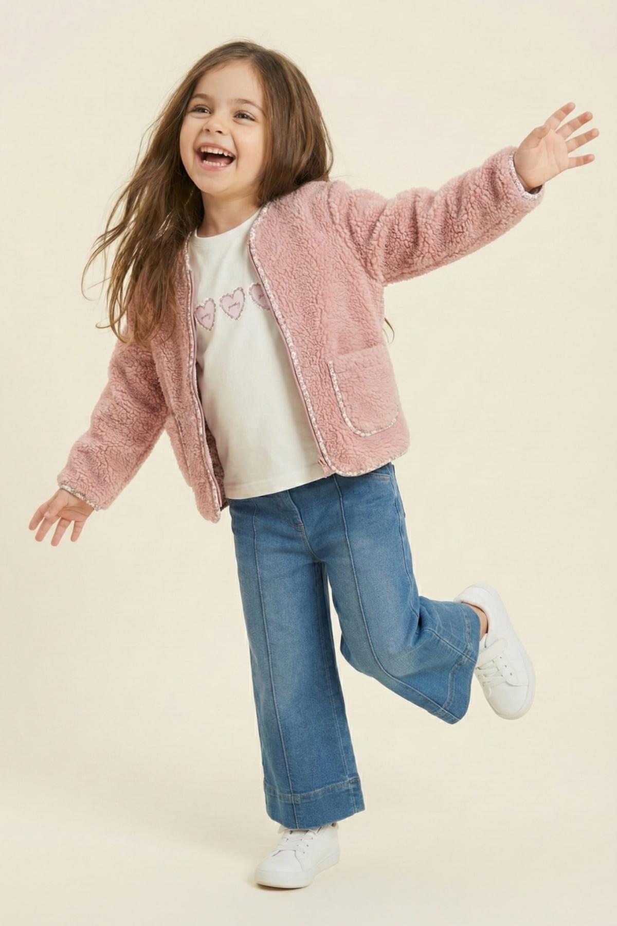 Kız Çocuk Ceketli 3lü Takım - Pudra