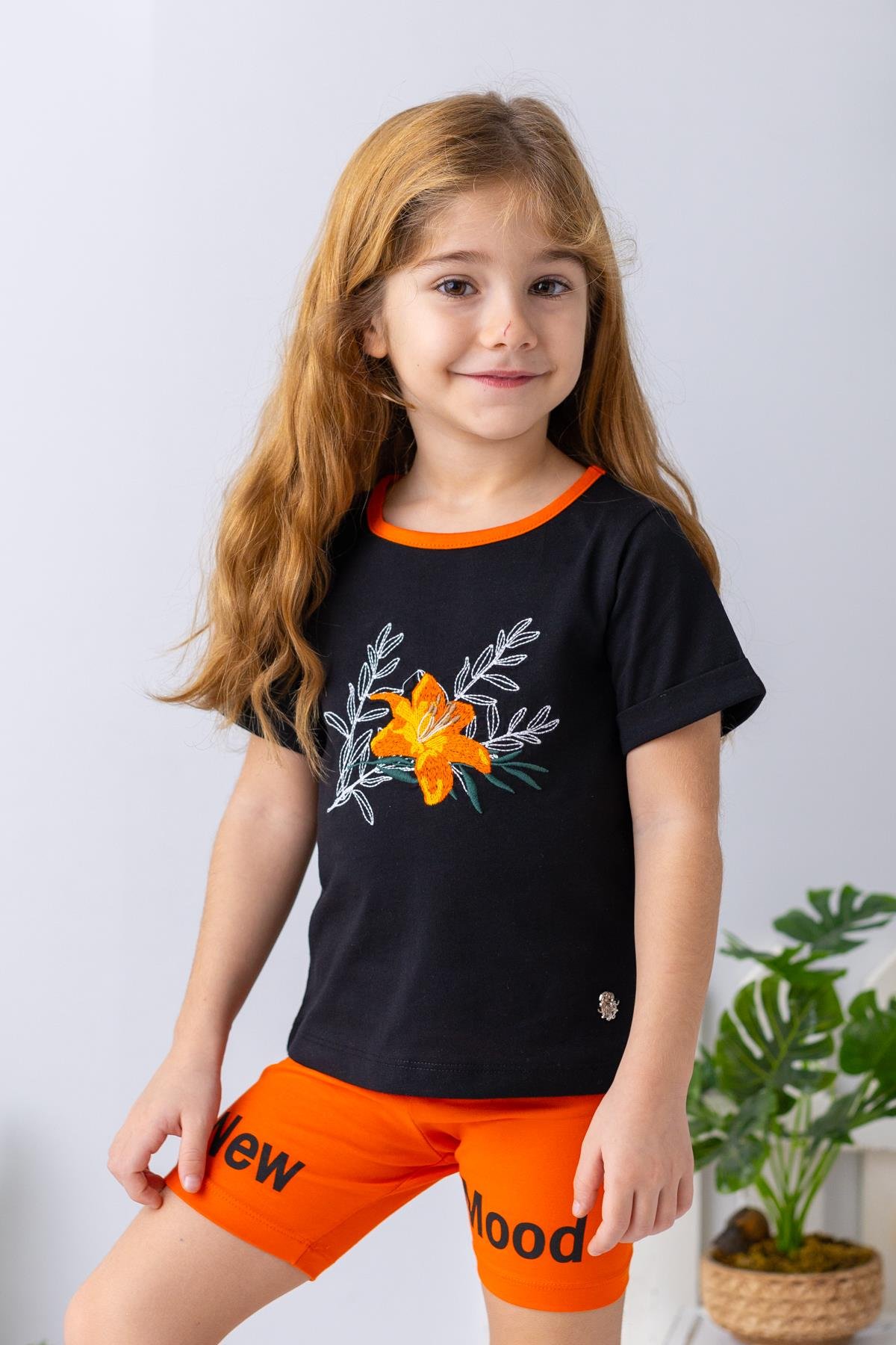 Kız Çocuk Çiçek Nakışlı T-shirt - Siyah