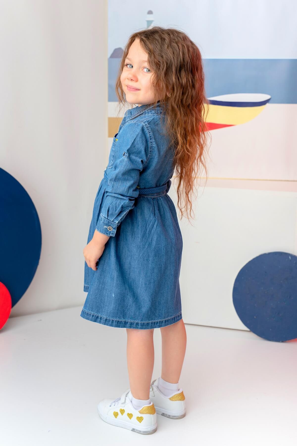 Kız Çocuk Denim Önden Düğmeli Elbise - İndigo