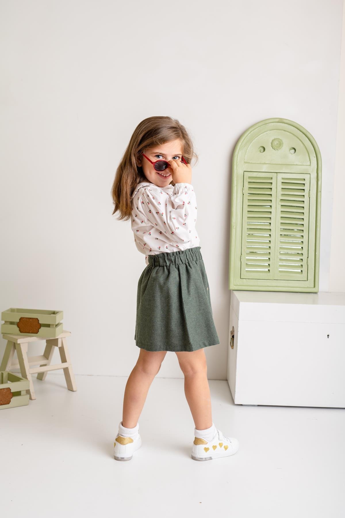 Kız Çocuk Düğme Detaylı Dokuma Etek - Yeşil