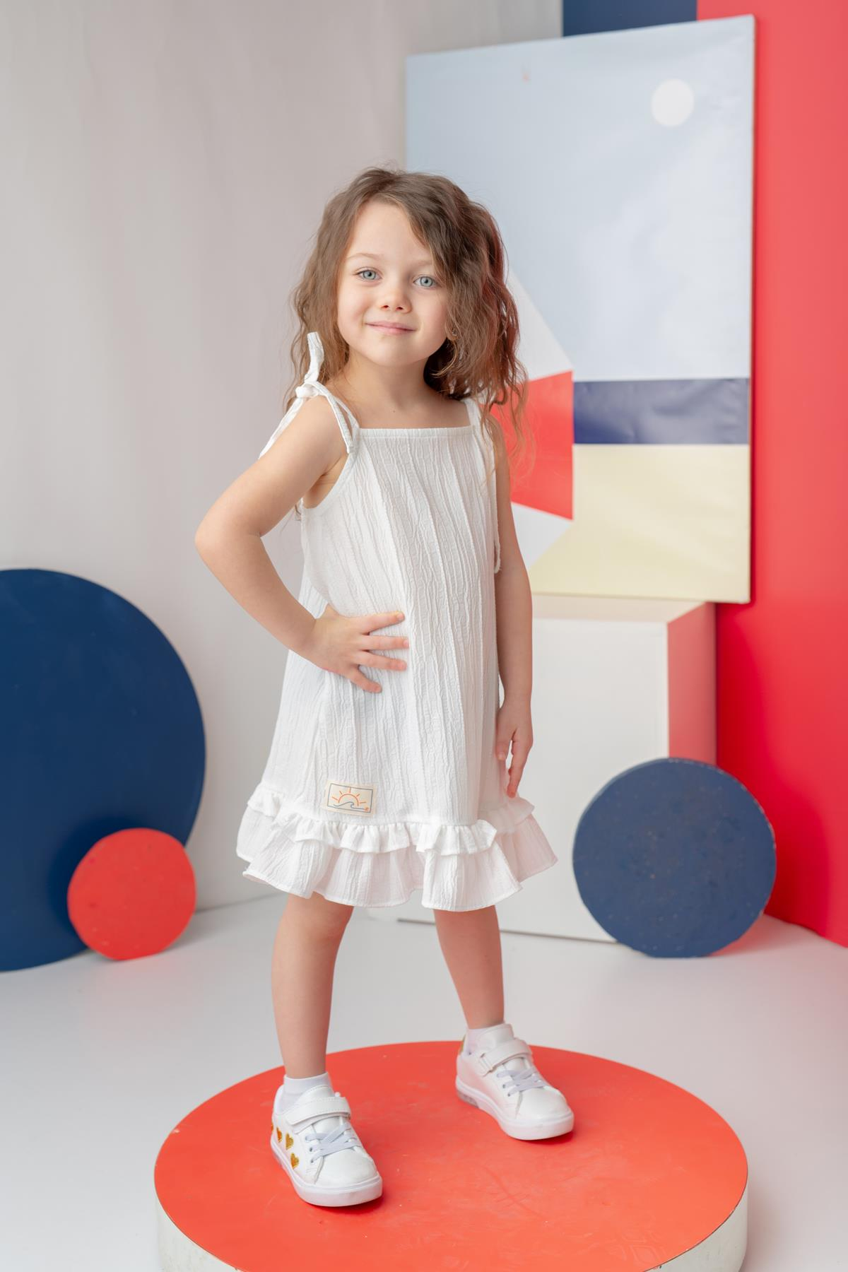 Kız Çocuk Fırfırlı Askılı Elbise - Beyaz