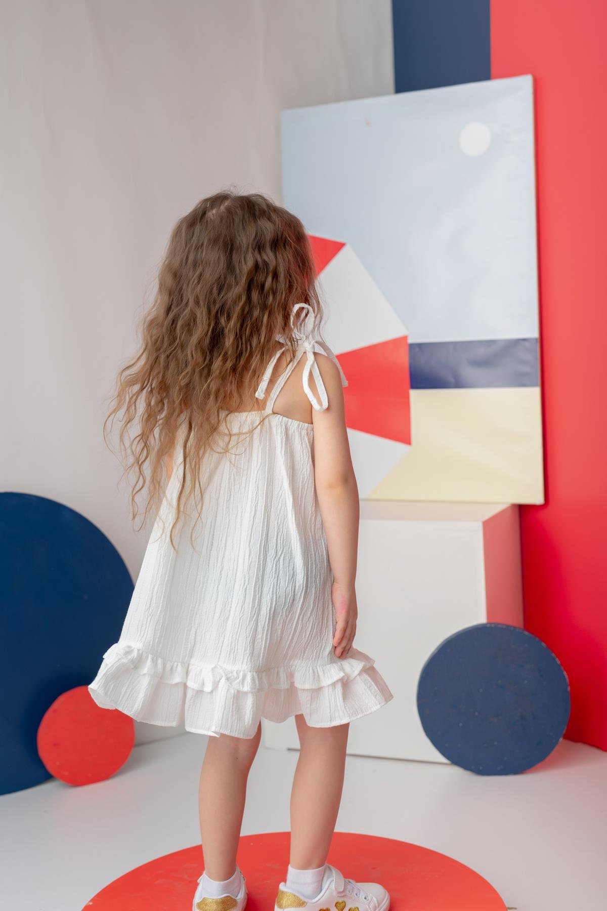 Kız Çocuk Fırfırlı Askılı Elbise - Beyaz